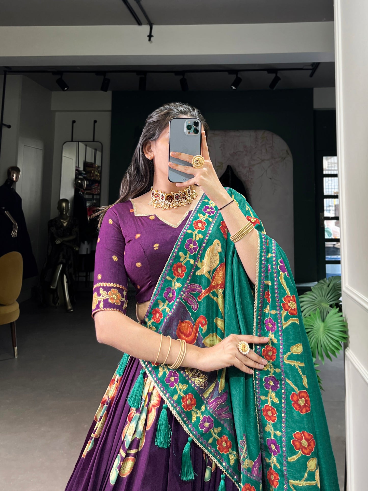 Lorenvalley Purple Tussar Silk Printed And Foil Work With Lace Touch Up Lehenga Choli with Dupatta | Swadesiicart