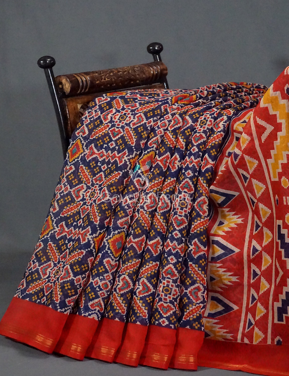 Navy Blue And Red Colour Patola Print Semi Chanderi Saree By Gayathri Reddy Designer Studio | Swadesiicart