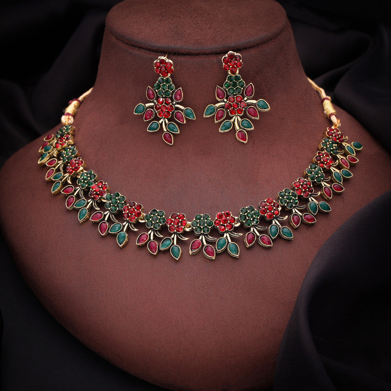 Tehzeeb Creations Green And Maroon Pack of 1 Gold-Polished Choker Necklace Set With Earring For Women & Girls - Swadesiicart
