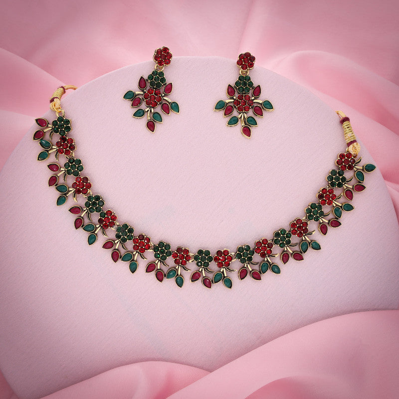Tehzeeb Creations Green And Maroon Pack of 1 Gold-Polished Choker Necklace Set With Earring For Women & Girls - Swadesiicart