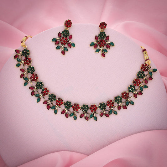 Tehzeeb Creations Green And Maroon Pack of 1 Gold-Polished Choker Necklace Set With Earring For Women & Girls - Swadesiicart