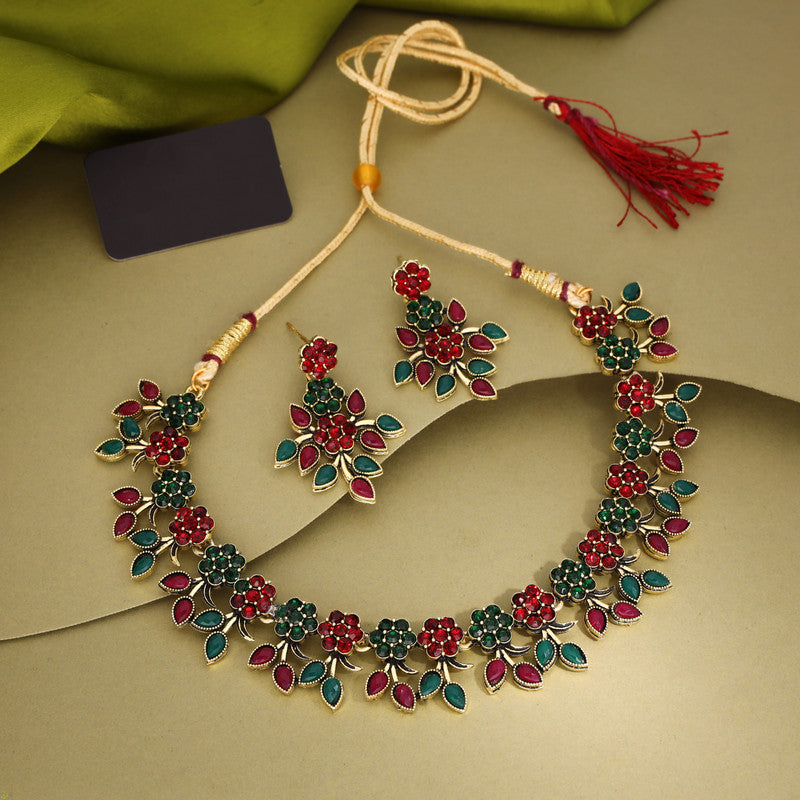 Tehzeeb Creations Green And Maroon Pack of 1 Gold-Polished Choker Necklace Set With Earring For Women & Girls - Swadesiicart