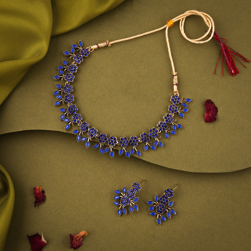 Tehzeeb Creations Royal Blue Pack of 1 Gold-Polished Choker Necklace Set With Earring For Women & Girls - Swadesiicart