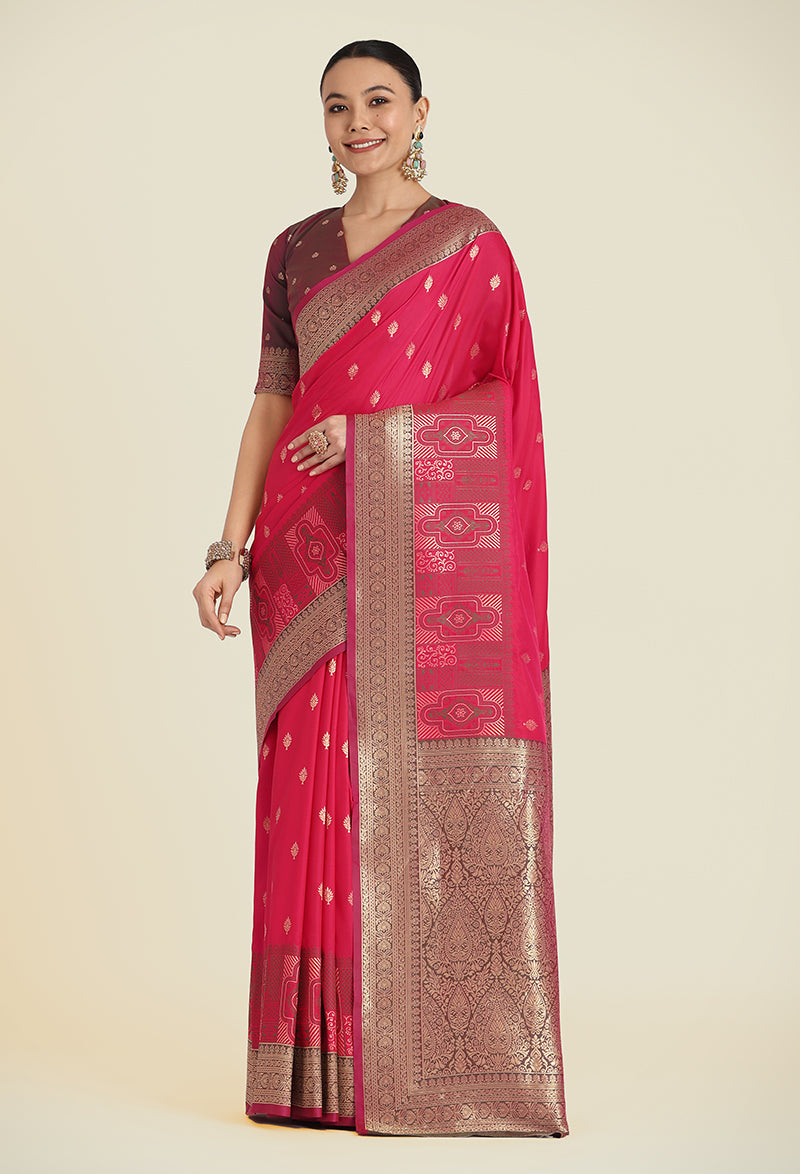 Monjolika Fashion Pink Color Banarasi Soft Silk Trendy Saree | Swadesiicart