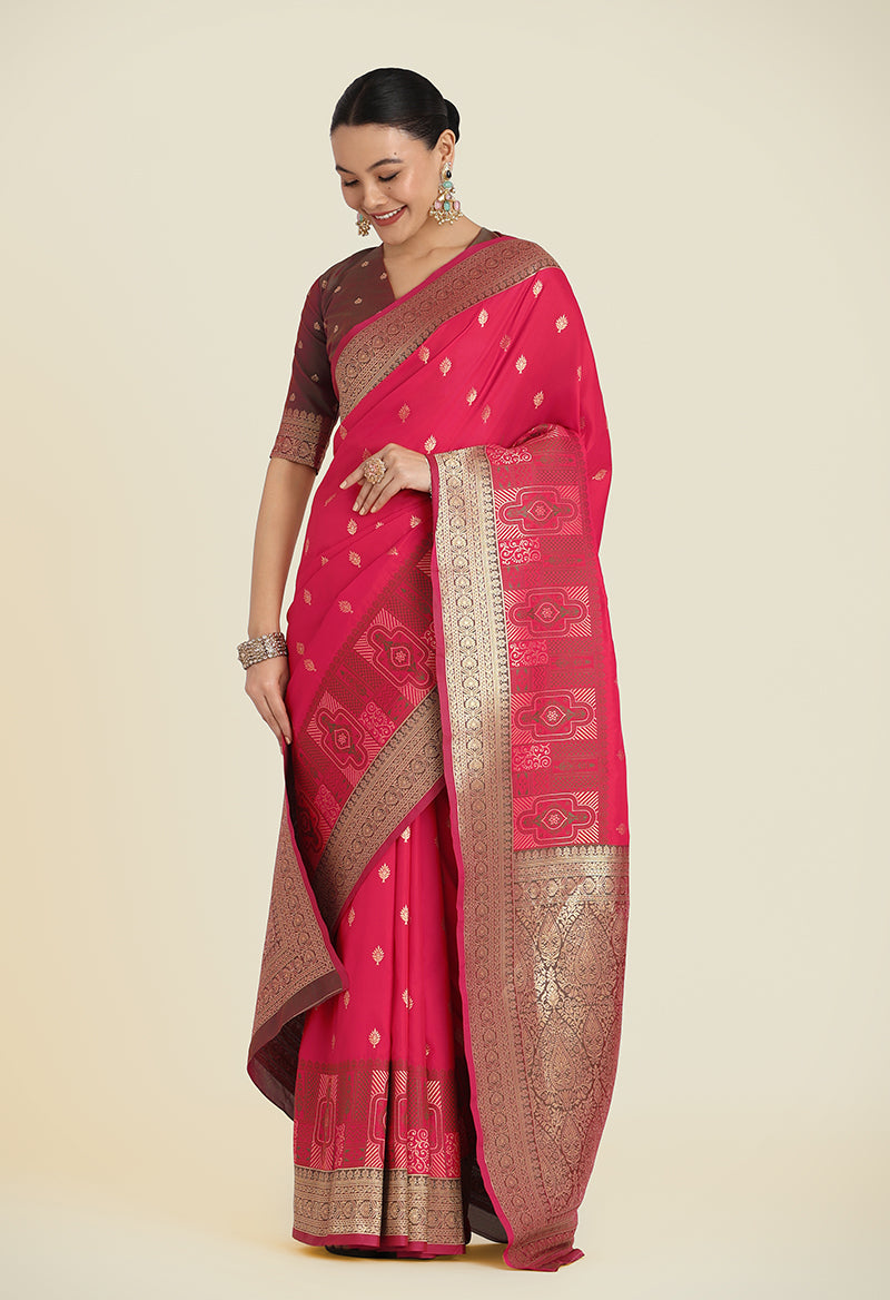 Monjolika Fashion Pink Color Banarasi Soft Silk Trendy Saree | Swadesiicart