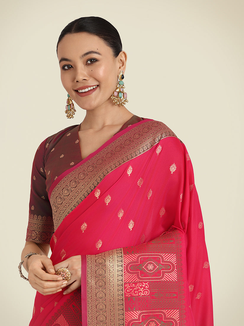 Monjolika Fashion Pink Color Banarasi Soft Silk Trendy Saree | Swadesiicart