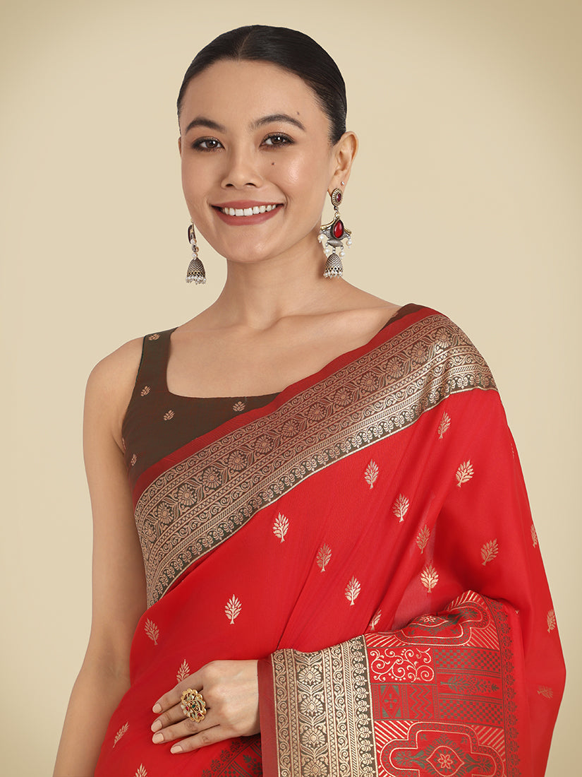 Monjolika Fashion Red Color Banarasi Soft Silk Trendy Saree | Swadesiicart