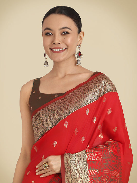 Monjolika Fashion Red Color Banarasi Soft Silk Trendy Saree | Swadesiicart