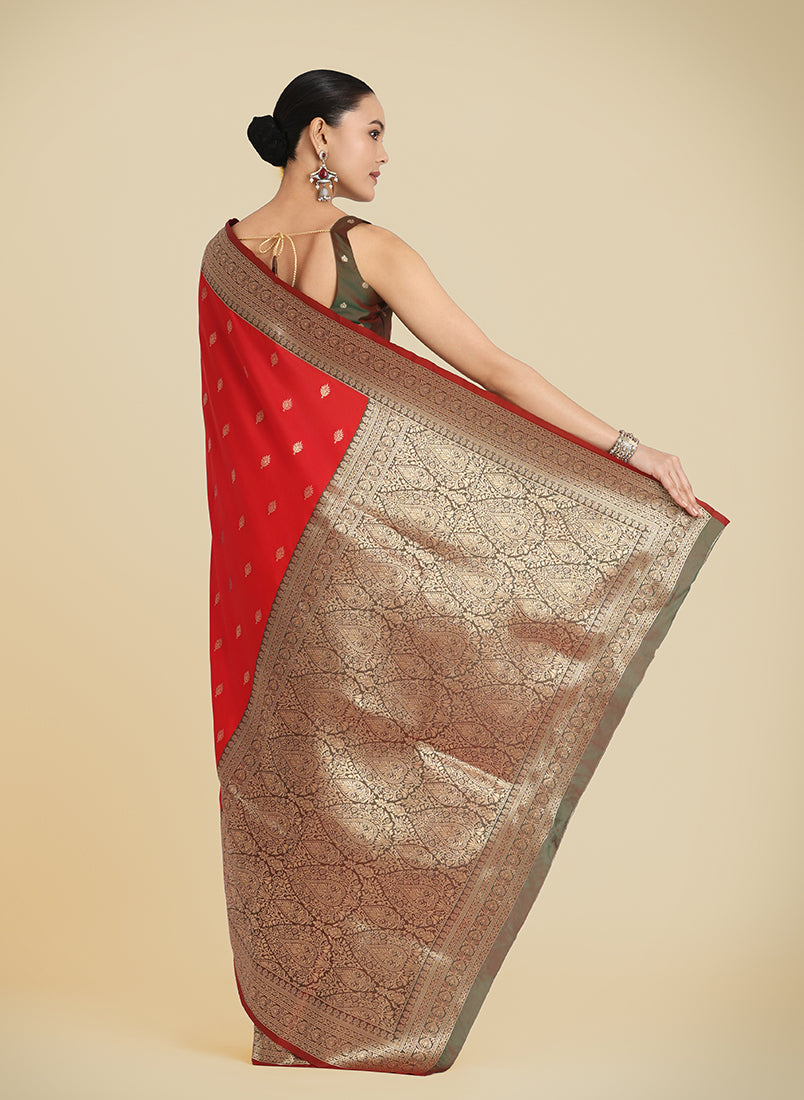 Monjolika Fashion Red Color Banarasi Soft Silk Trendy Saree | Swadesiicart