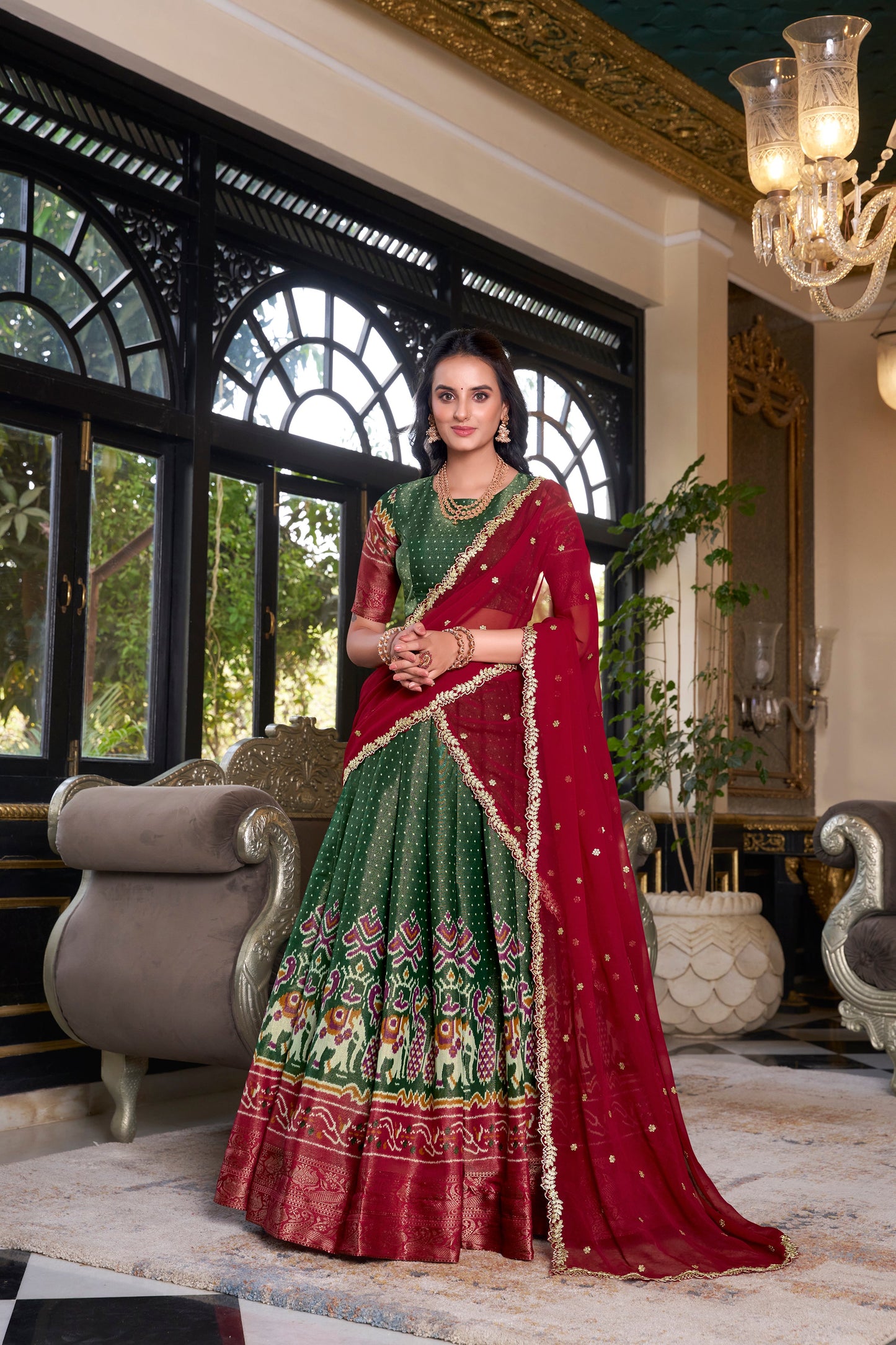Lorenvalley Green Kanchipuram Printed With Zari Weaving Work Lehenga Choli with Dupatta | Swadesiicart