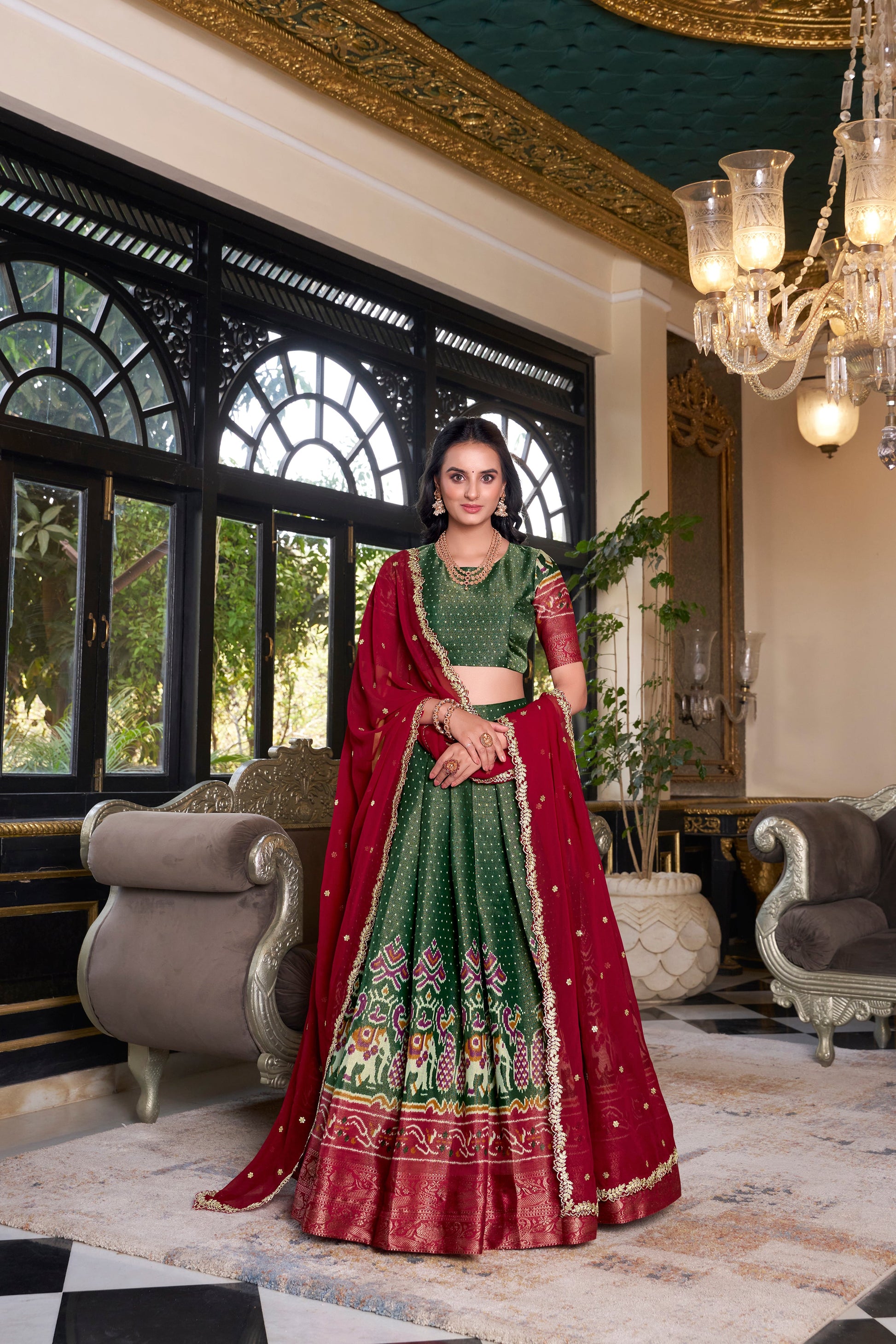 Lorenvalley Green Kanchipuram Printed With Zari Weaving Work Lehenga Choli with Dupatta | Swadesiicart
