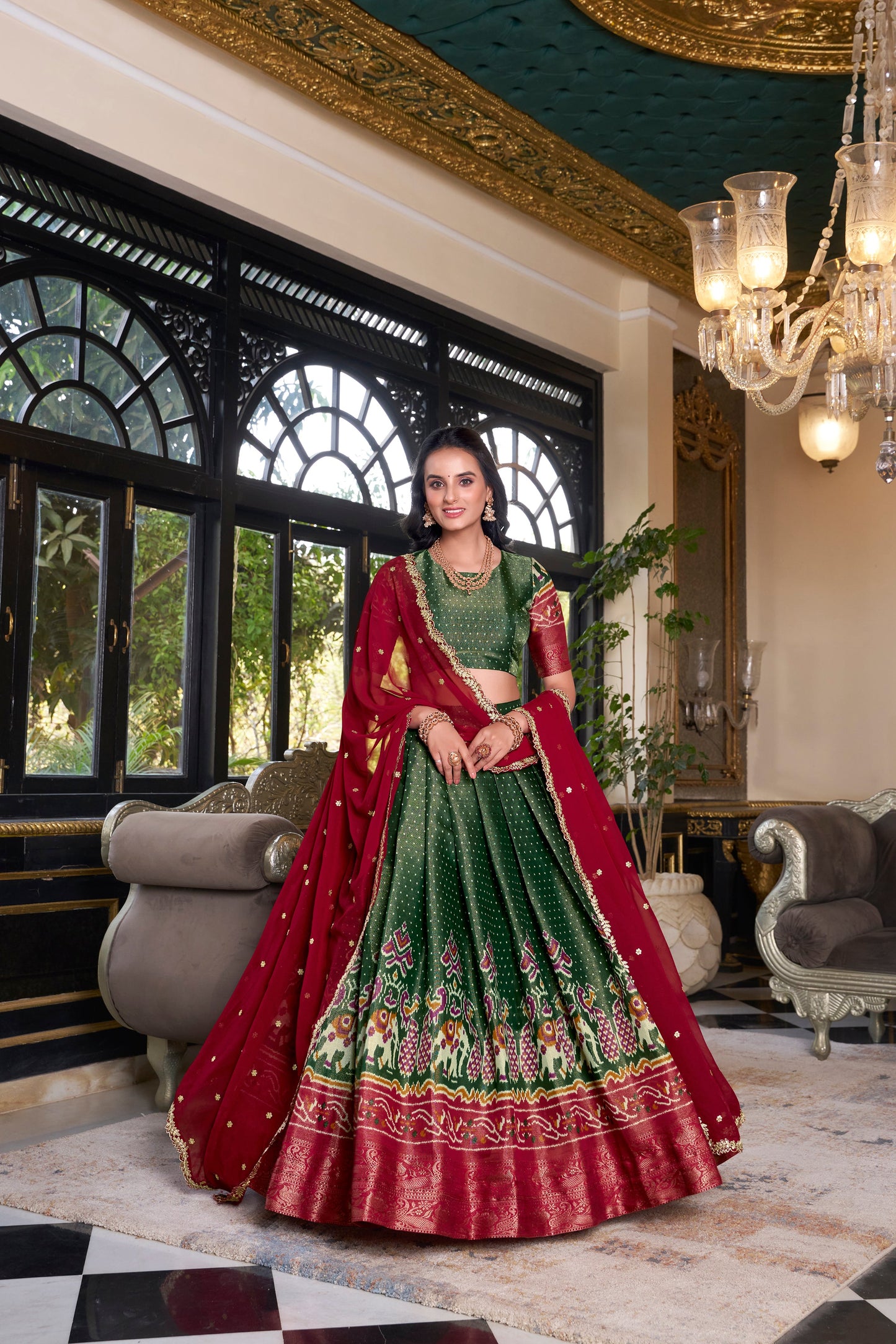 Lorenvalley Green Kanchipuram Printed With Zari Weaving Work Lehenga Choli with Dupatta | Swadesiicart
