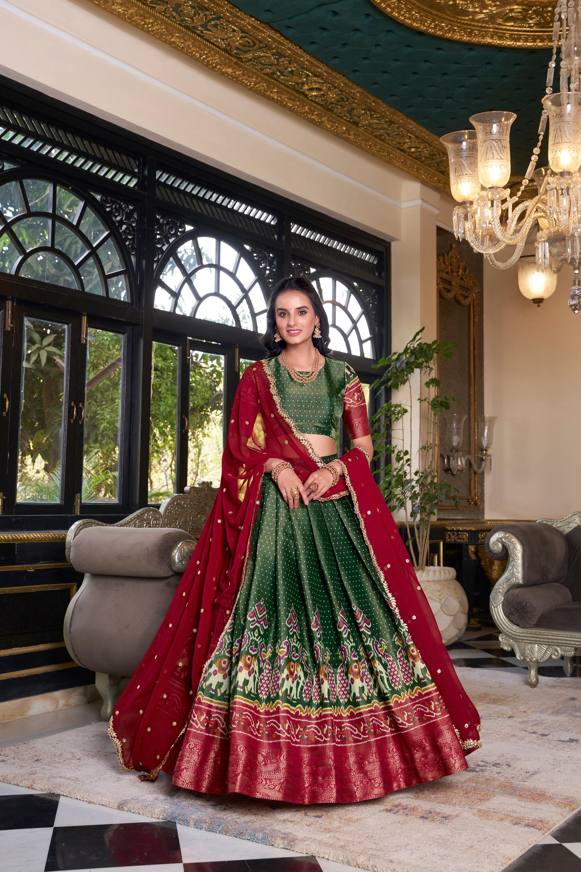 Lorenvalley Green Kanchipuram Printed With Zari Weaving Work Lehenga Choli with Dupatta | Swadesiicart