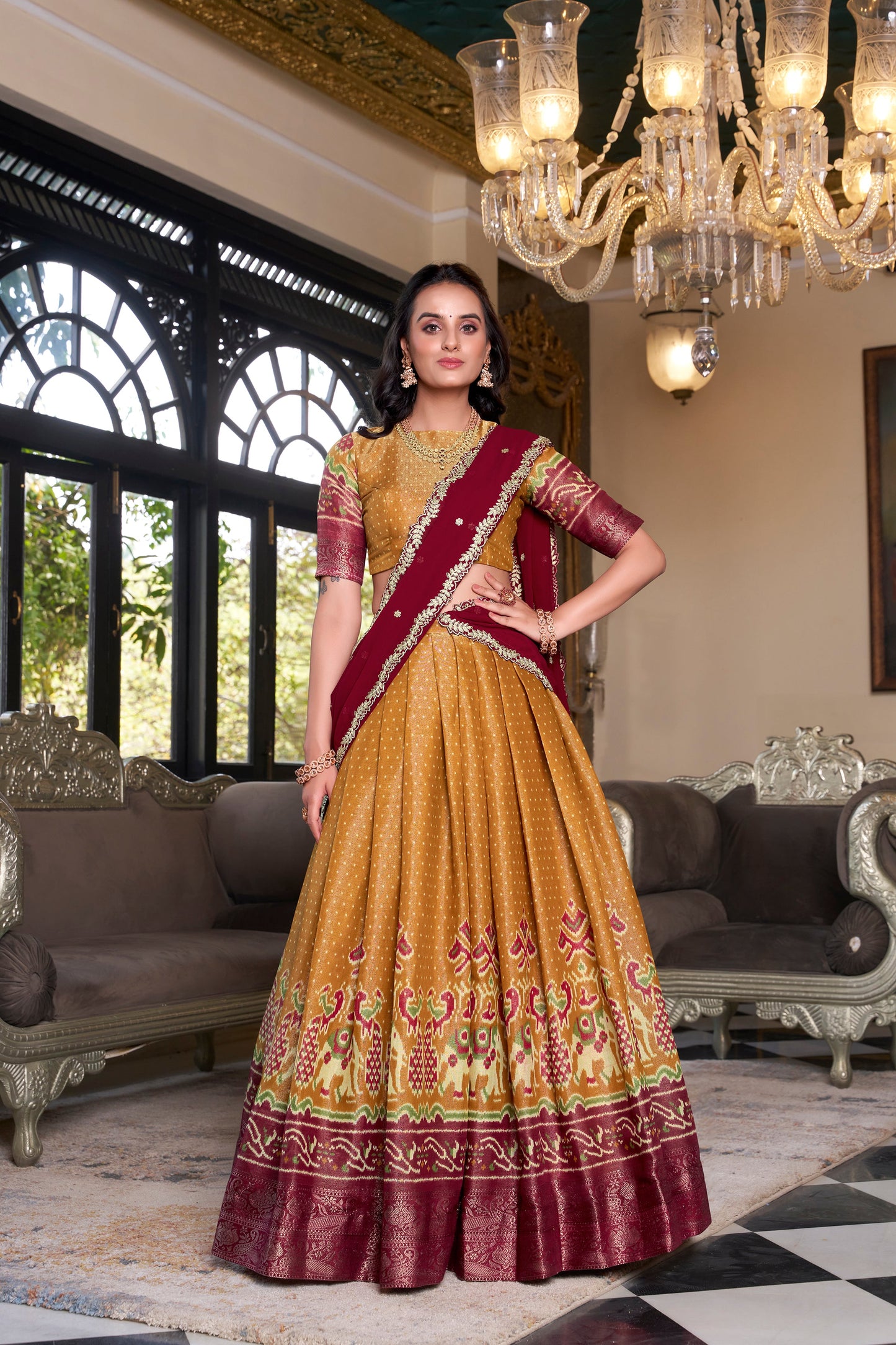 Lorenvalley Mustard Kanchipuram Printed With Zari Weaving Work Lehenga Choli with Dupatta | Swadesiicart