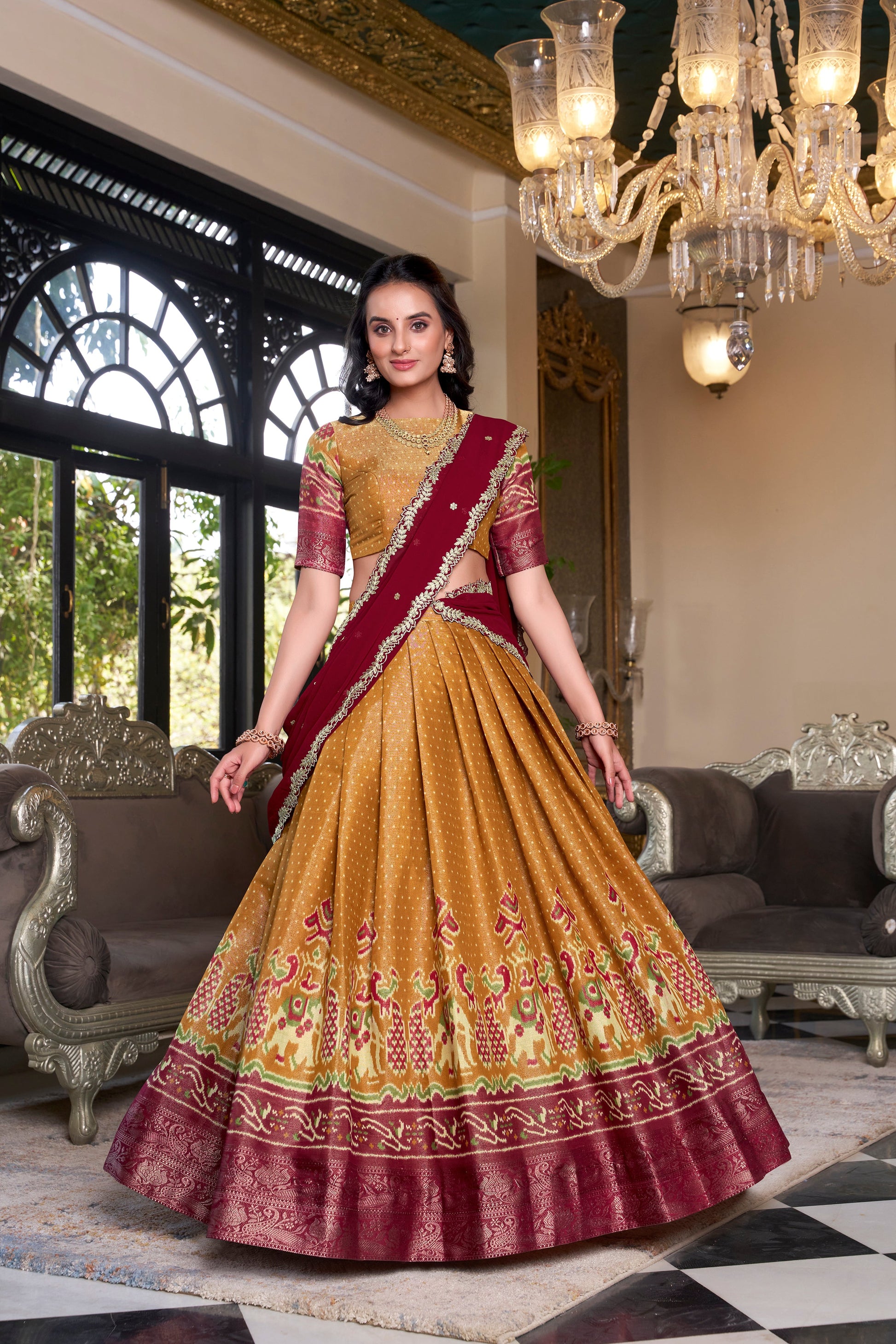 Lorenvalley Mustard Kanchipuram Printed With Zari Weaving Work Lehenga Choli with Dupatta | Swadesiicart