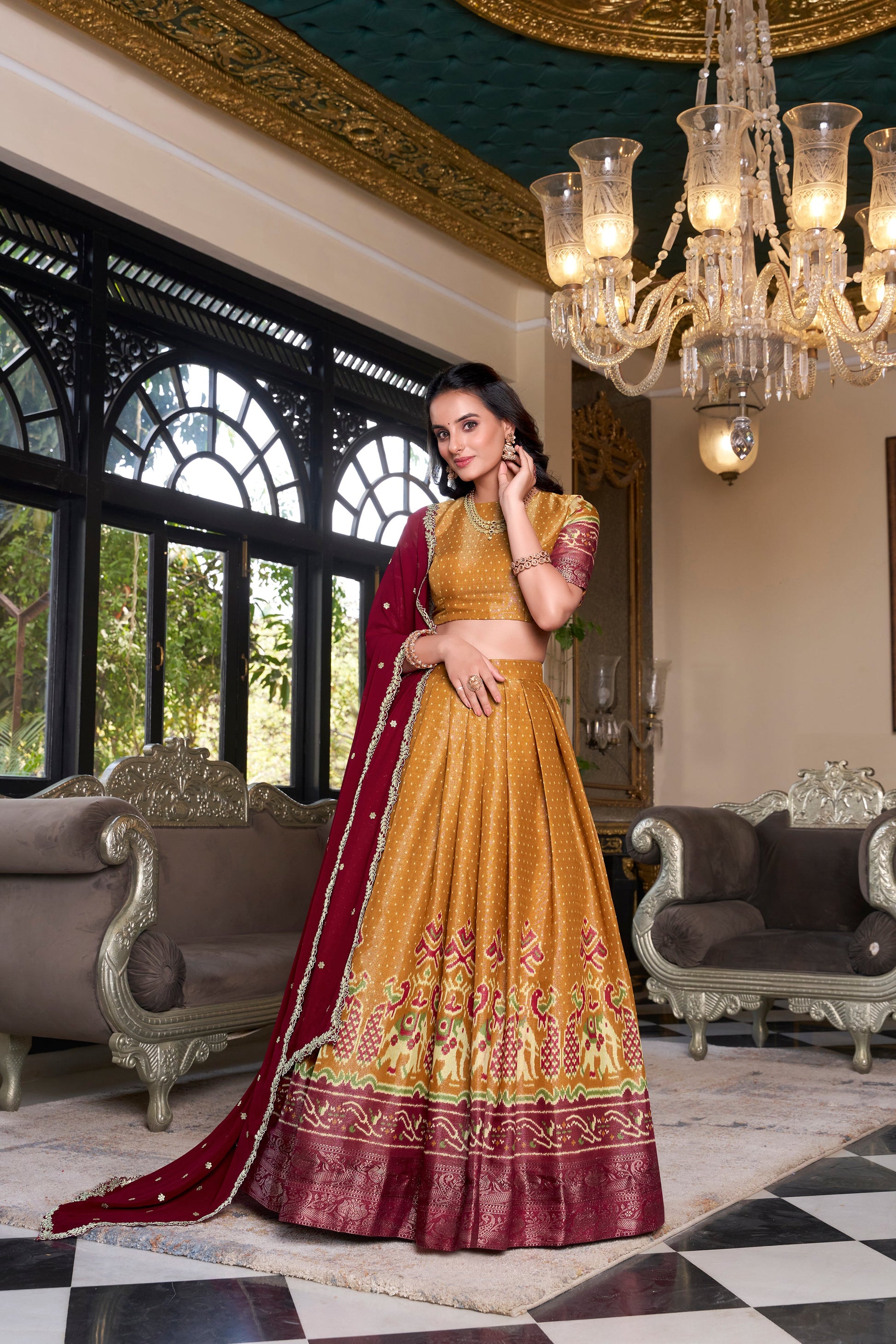 Lorenvalley Mustard Kanchipuram Printed With Zari Weaving Work Lehenga Choli with Dupatta | Swadesiicart