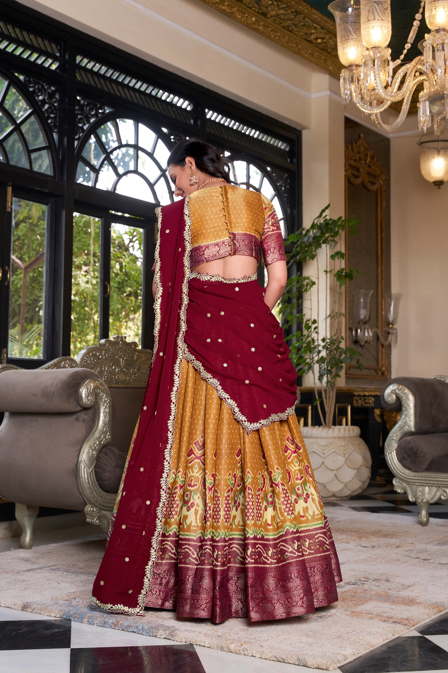 Lorenvalley Mustard Kanchipuram Printed With Zari Weaving Work Lehenga Choli with Dupatta | Swadesiicart