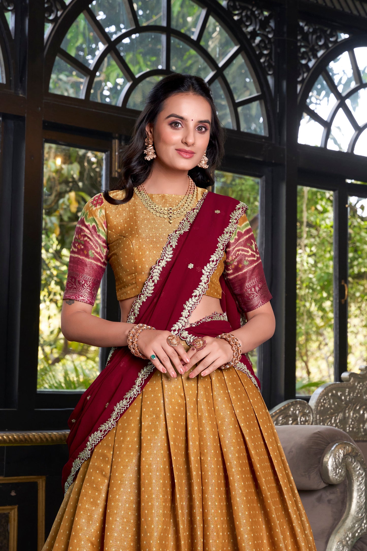 Lorenvalley Mustard Kanchipuram Printed With Zari Weaving Work Lehenga Choli with Dupatta | Swadesiicart