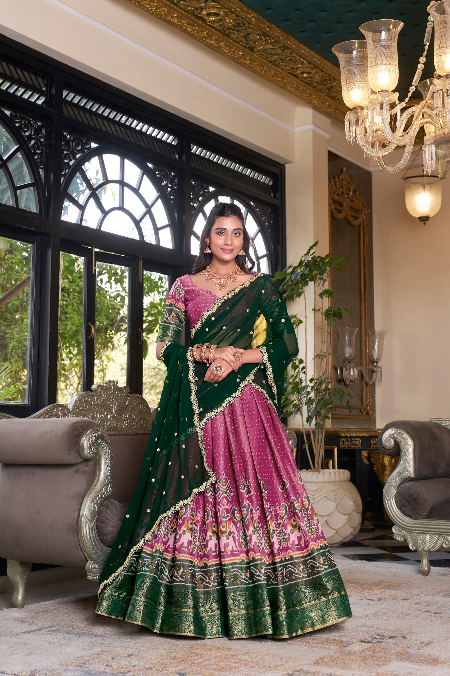 Lorenvalley Pink Kanchipuram Printed With Zari Weaving Work Lehenga Choli with Dupatta | Swadesiicart