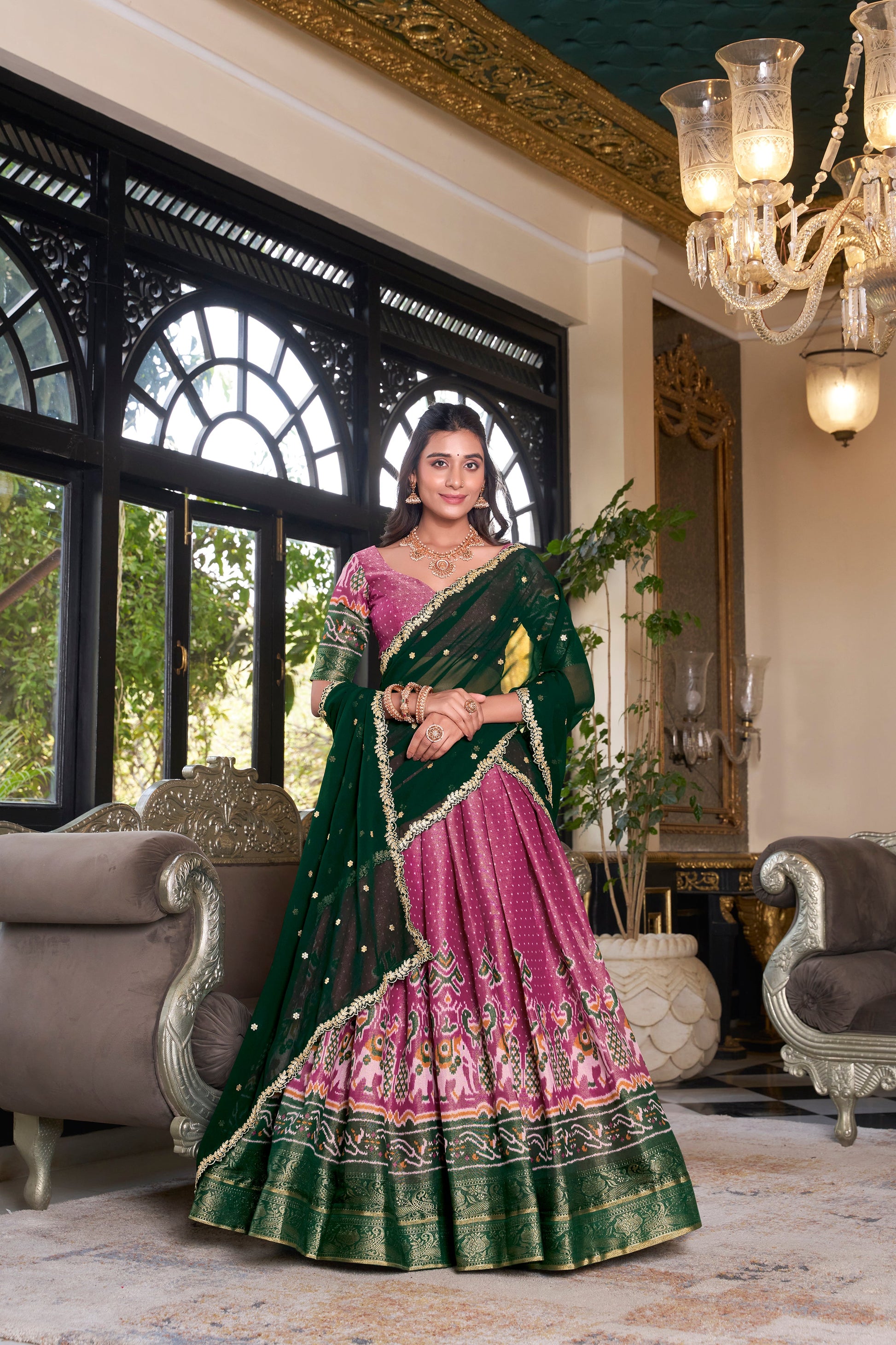 Lorenvalley Pink Kanchipuram Printed With Zari Weaving Work Lehenga Choli with Dupatta | Swadesiicart
