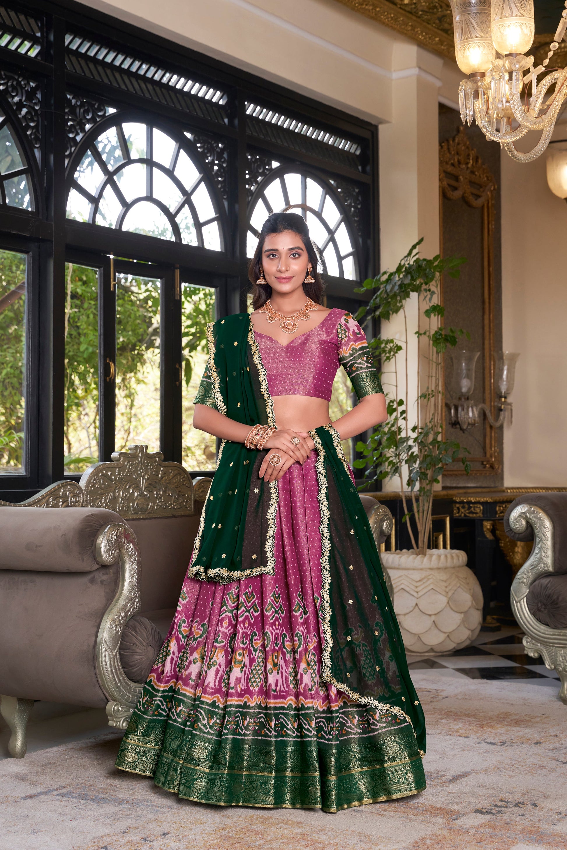 Lorenvalley Pink Kanchipuram Printed With Zari Weaving Work Lehenga Choli with Dupatta | Swadesiicart