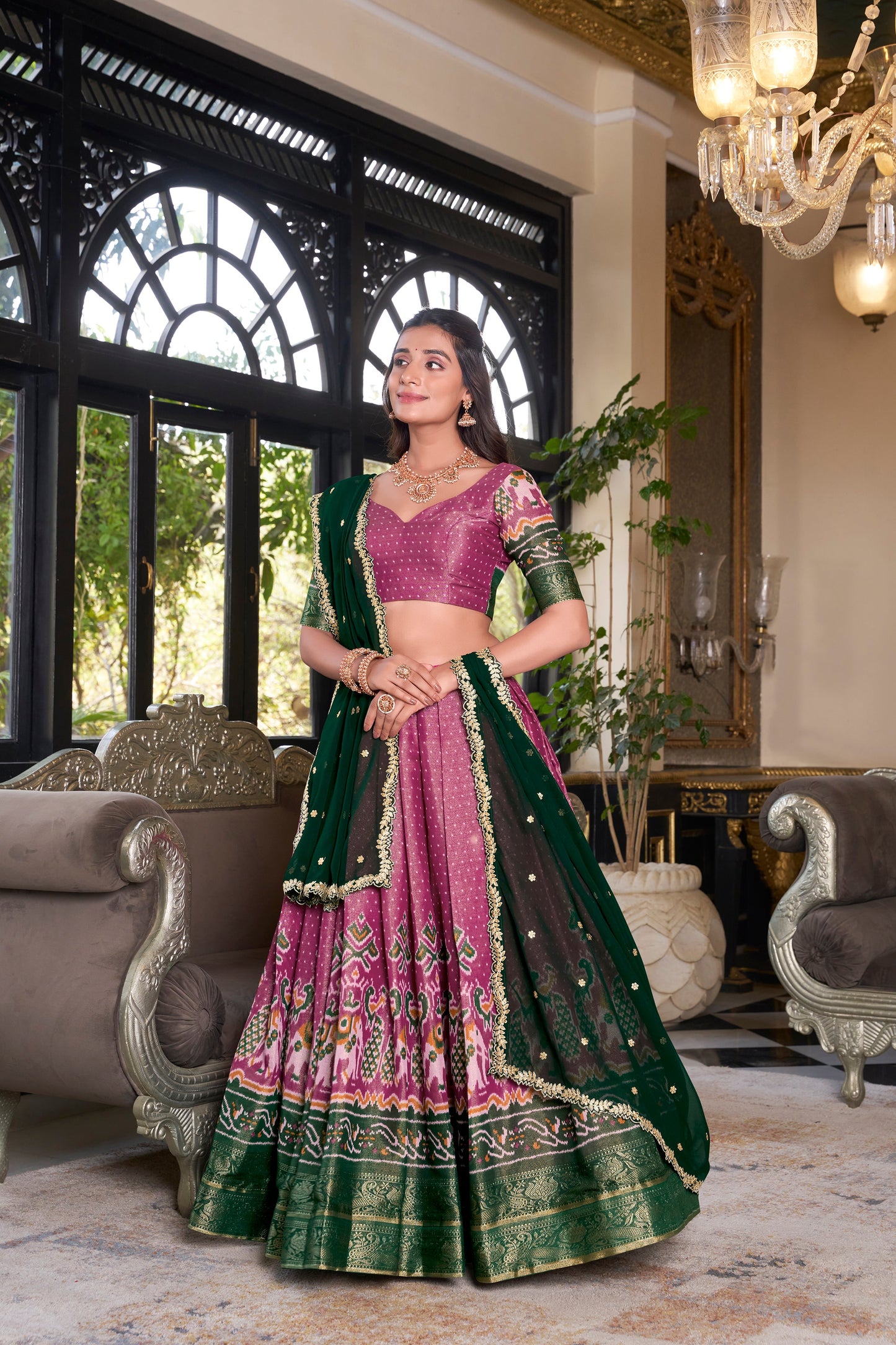 Lorenvalley Pink Kanchipuram Printed With Zari Weaving Work Lehenga Choli with Dupatta | Swadesiicart