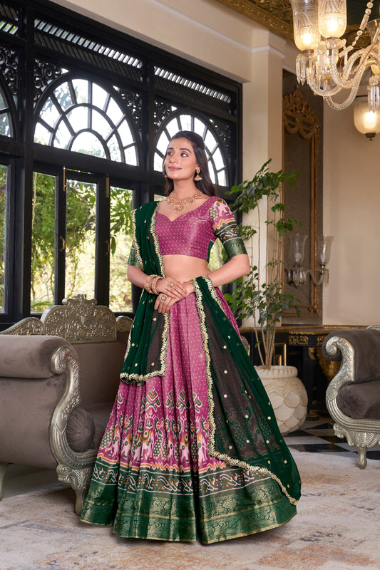 Lorenvalley Pink Kanchipuram Printed With Zari Weaving Work Lehenga Choli with Dupatta | Swadesiicart