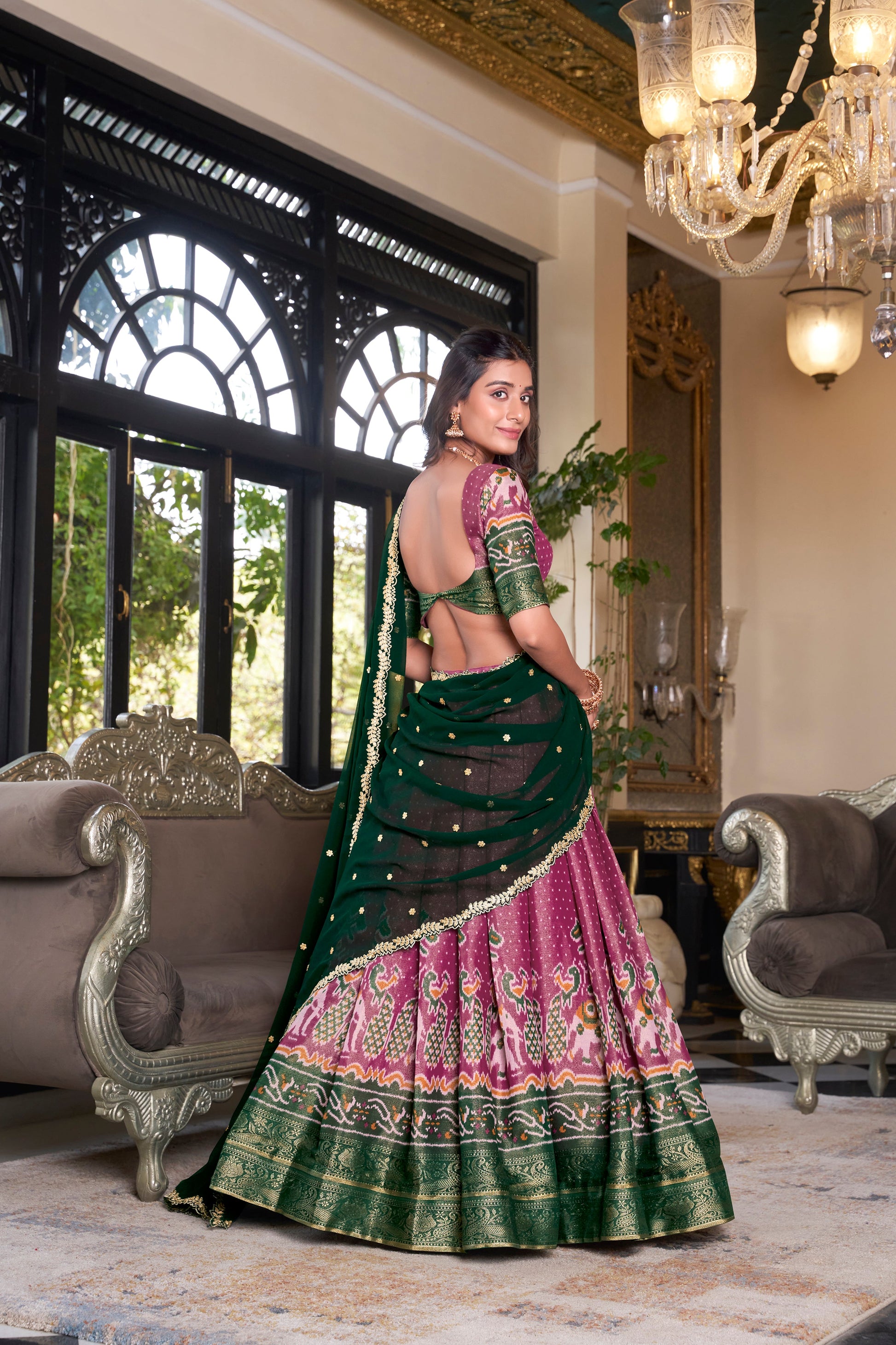 Lorenvalley Pink Kanchipuram Printed With Zari Weaving Work Lehenga Choli with Dupatta | Swadesiicart