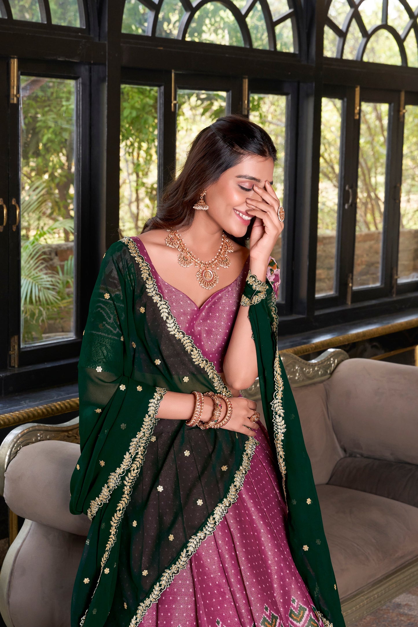 Lorenvalley Pink Kanchipuram Printed With Zari Weaving Work Lehenga Choli with Dupatta | Swadesiicart