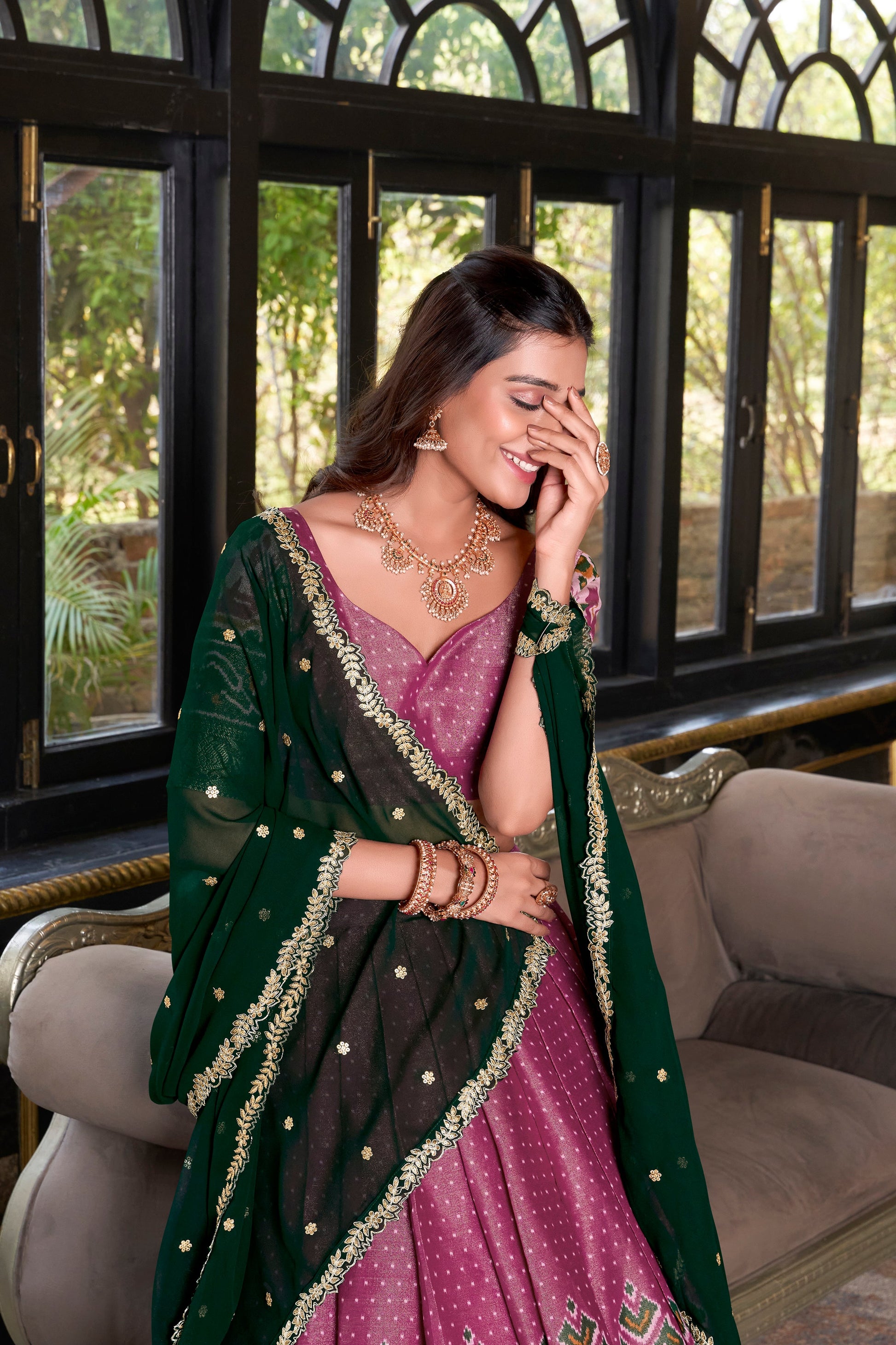 Lorenvalley Pink Kanchipuram Printed With Zari Weaving Work Lehenga Choli with Dupatta | Swadesiicart