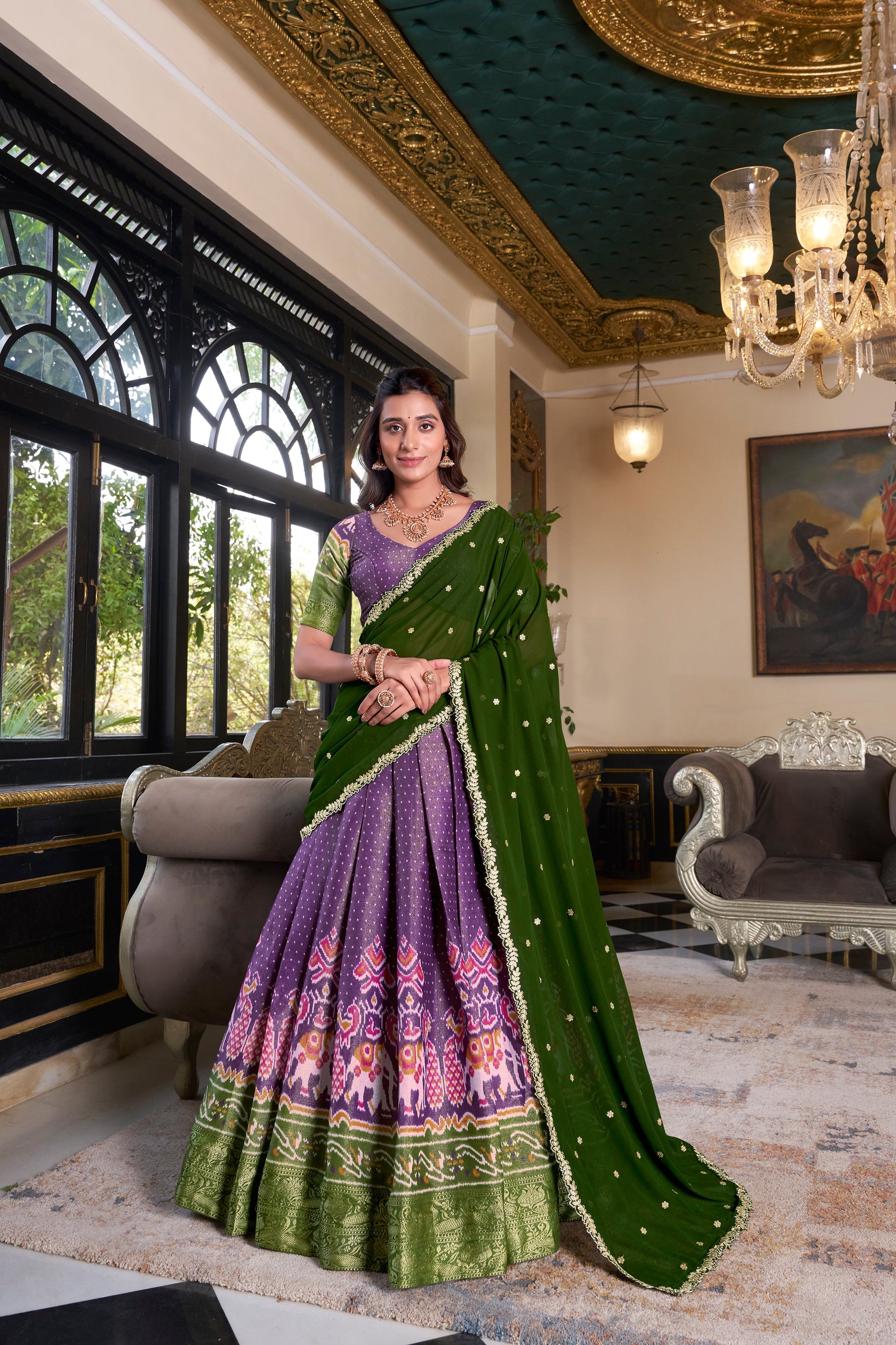 Lorenvalley Purple Kanchipuram Printed With Zari Weaving Work Lehenga Choli with Dupatta | Swadesiicart