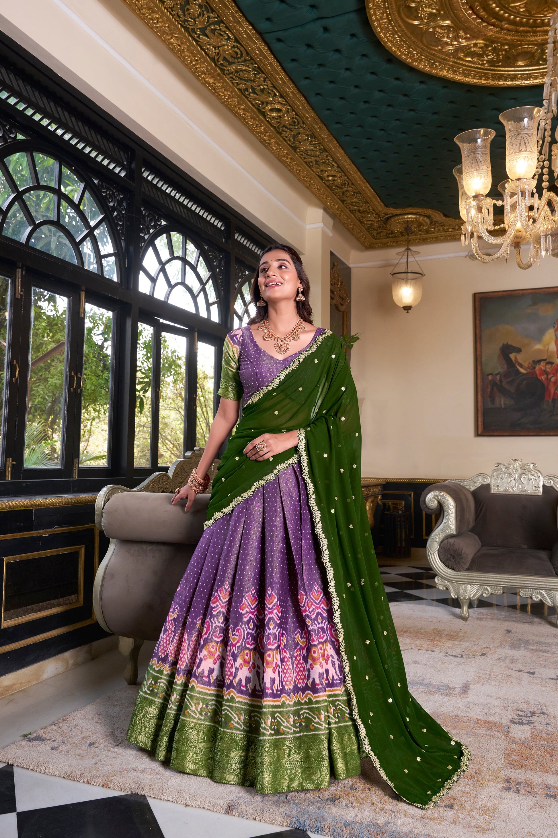 Lorenvalley Purple Kanchipuram Printed With Zari Weaving Work Lehenga Choli with Dupatta | Swadesiicart