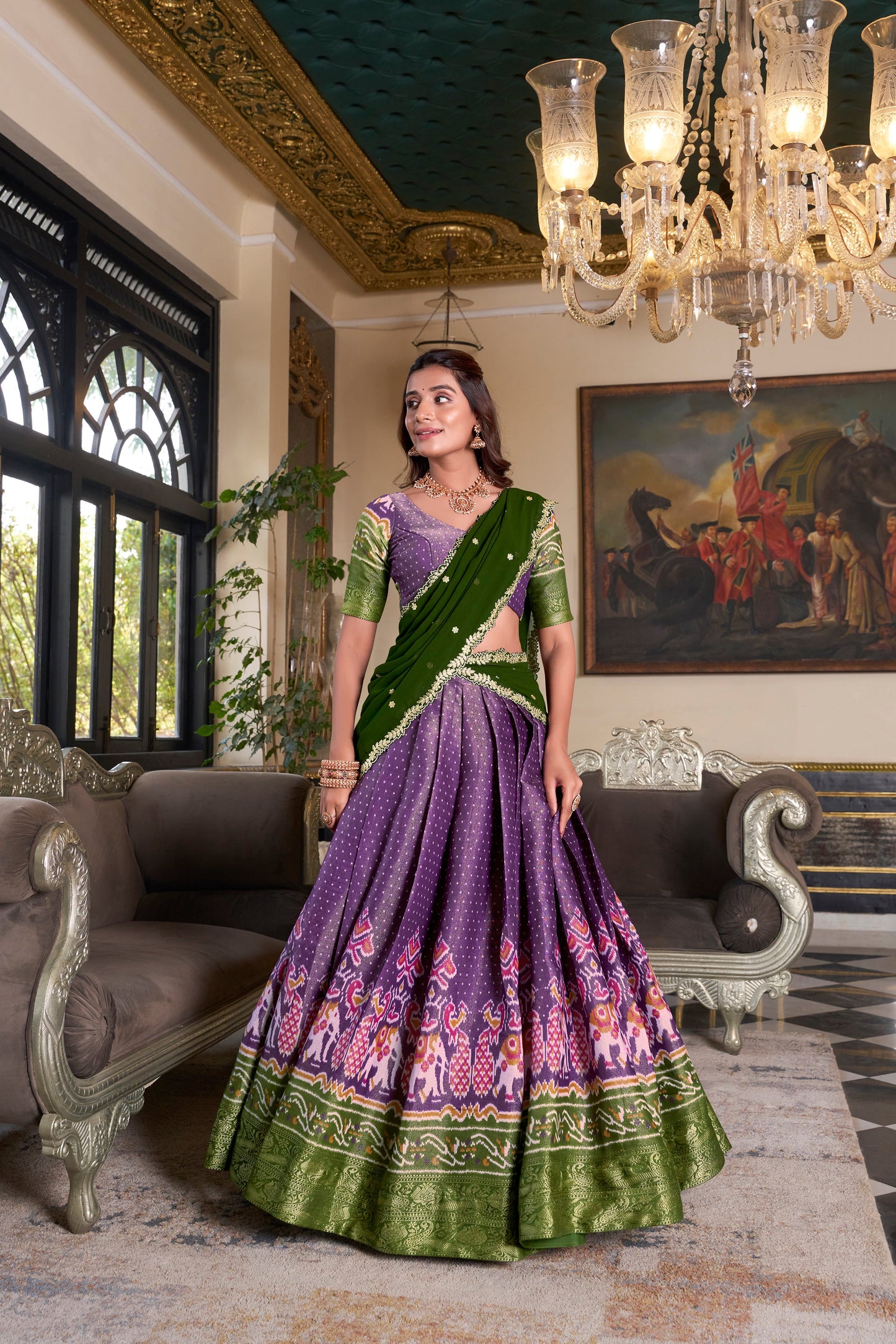 Lorenvalley Purple Kanchipuram Printed With Zari Weaving Work Lehenga Choli with Dupatta | Swadesiicart
