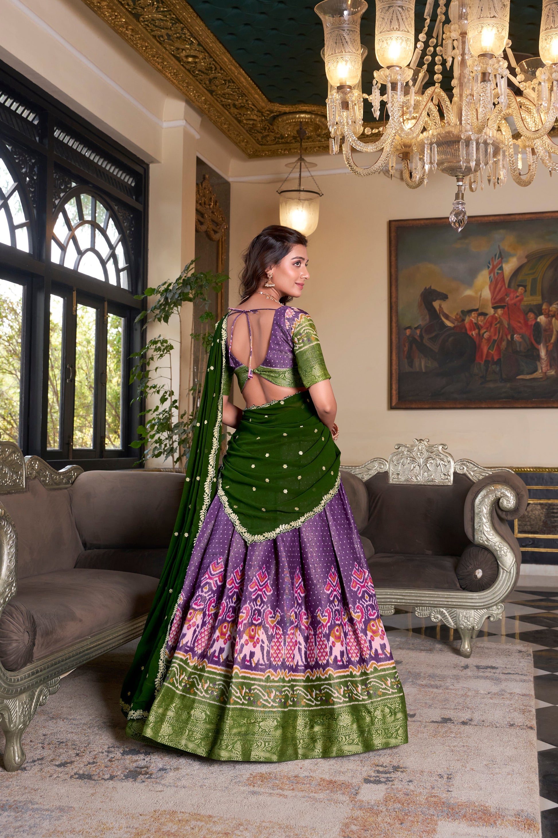 Lorenvalley Purple Kanchipuram Printed With Zari Weaving Work Lehenga Choli with Dupatta | Swadesiicart
