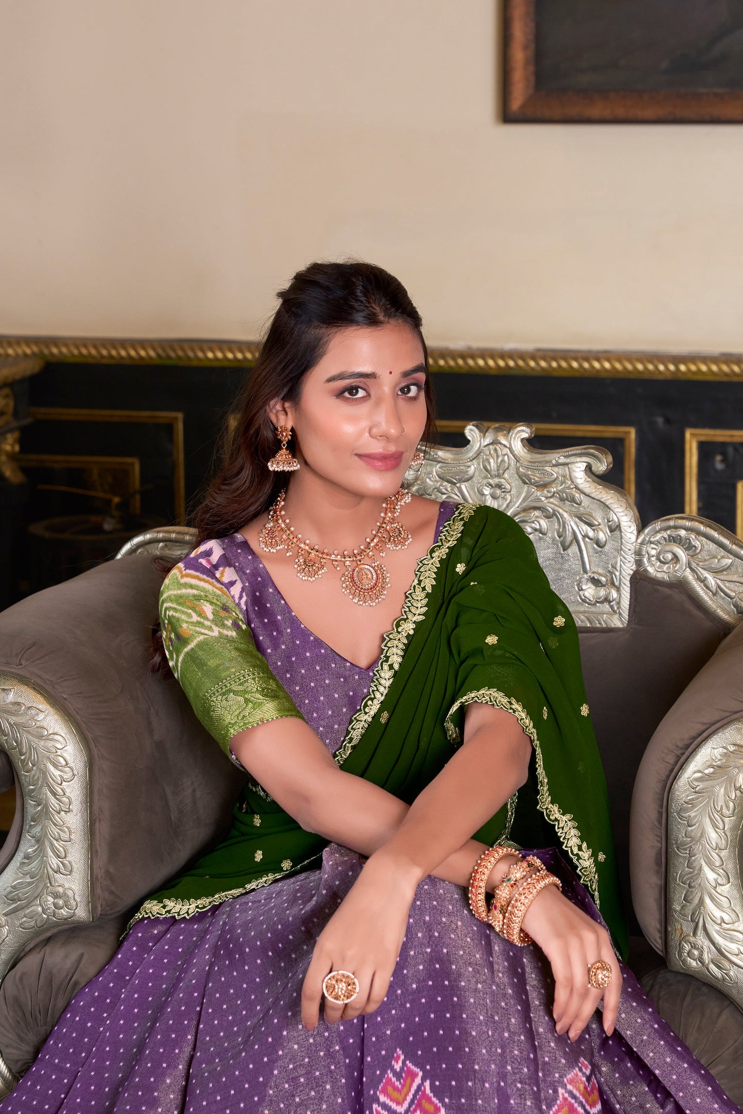 Lorenvalley Purple Kanchipuram Printed With Zari Weaving Work Lehenga Choli with Dupatta | Swadesiicart