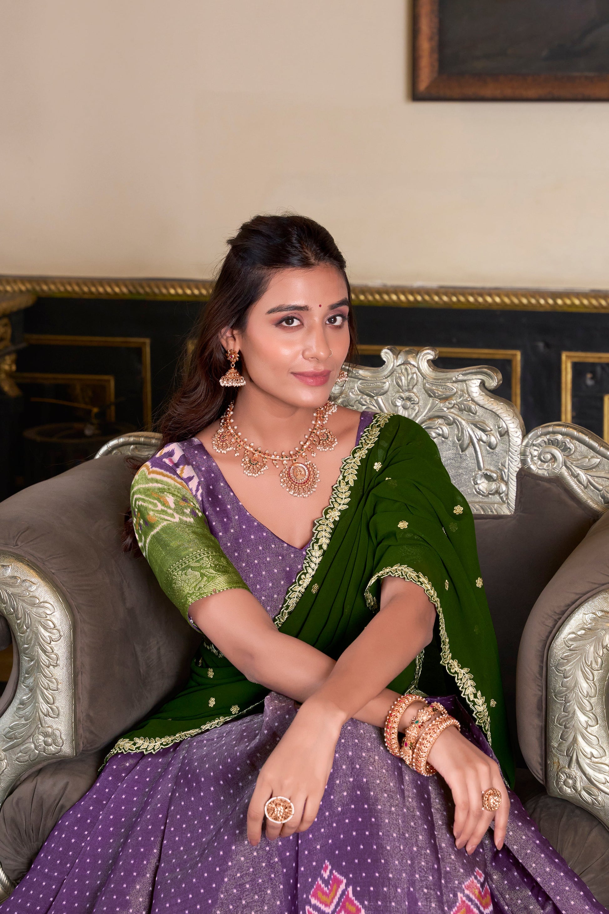 Lorenvalley Purple Kanchipuram Printed With Zari Weaving Work Lehenga Choli with Dupatta | Swadesiicart