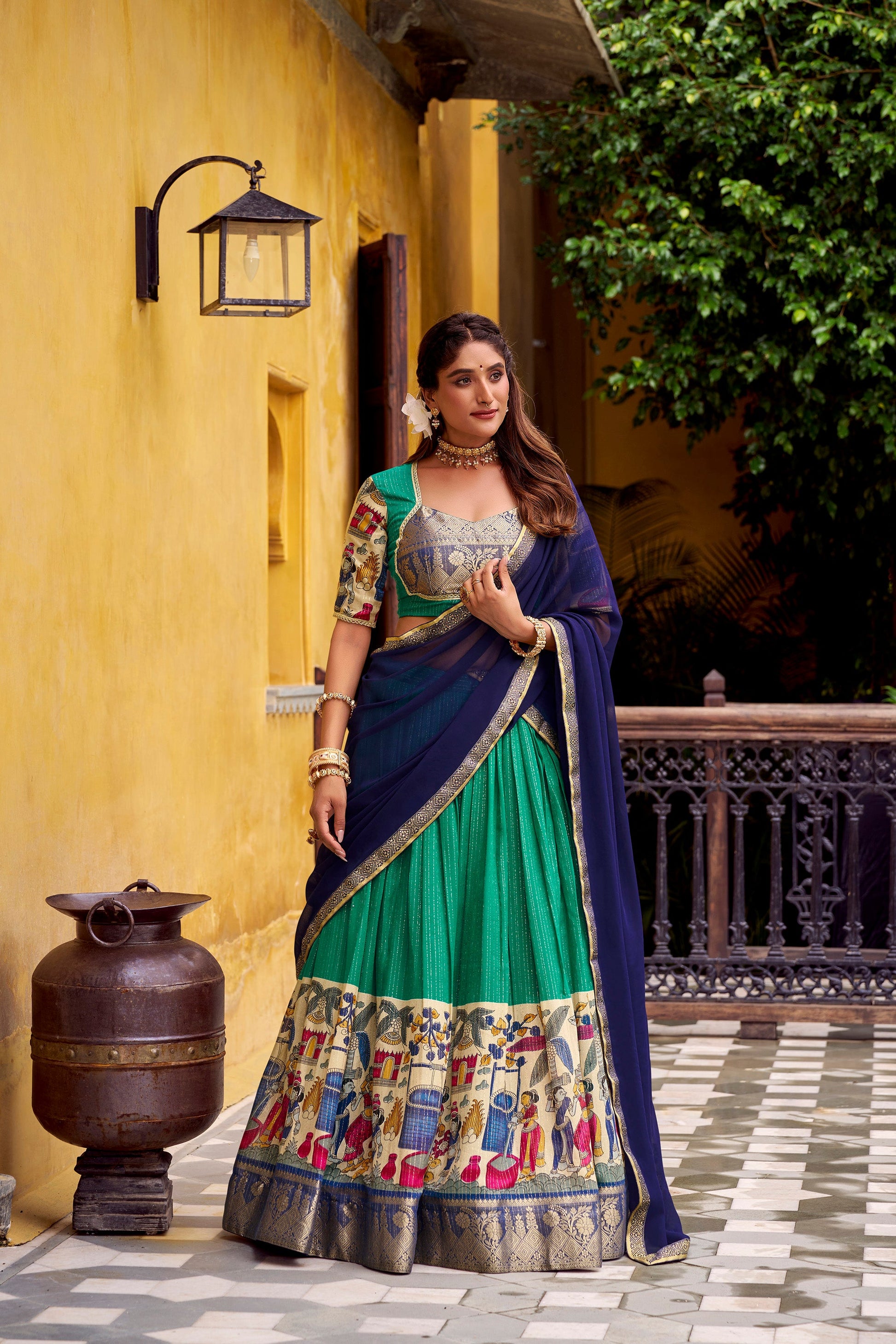Lorenvalley Fashion Multicolor Poly Chanderi Zari Stripe Kalamkari Printed With Zari Weaving Work Lehenga Choli with Dupatta | Swadesiicart