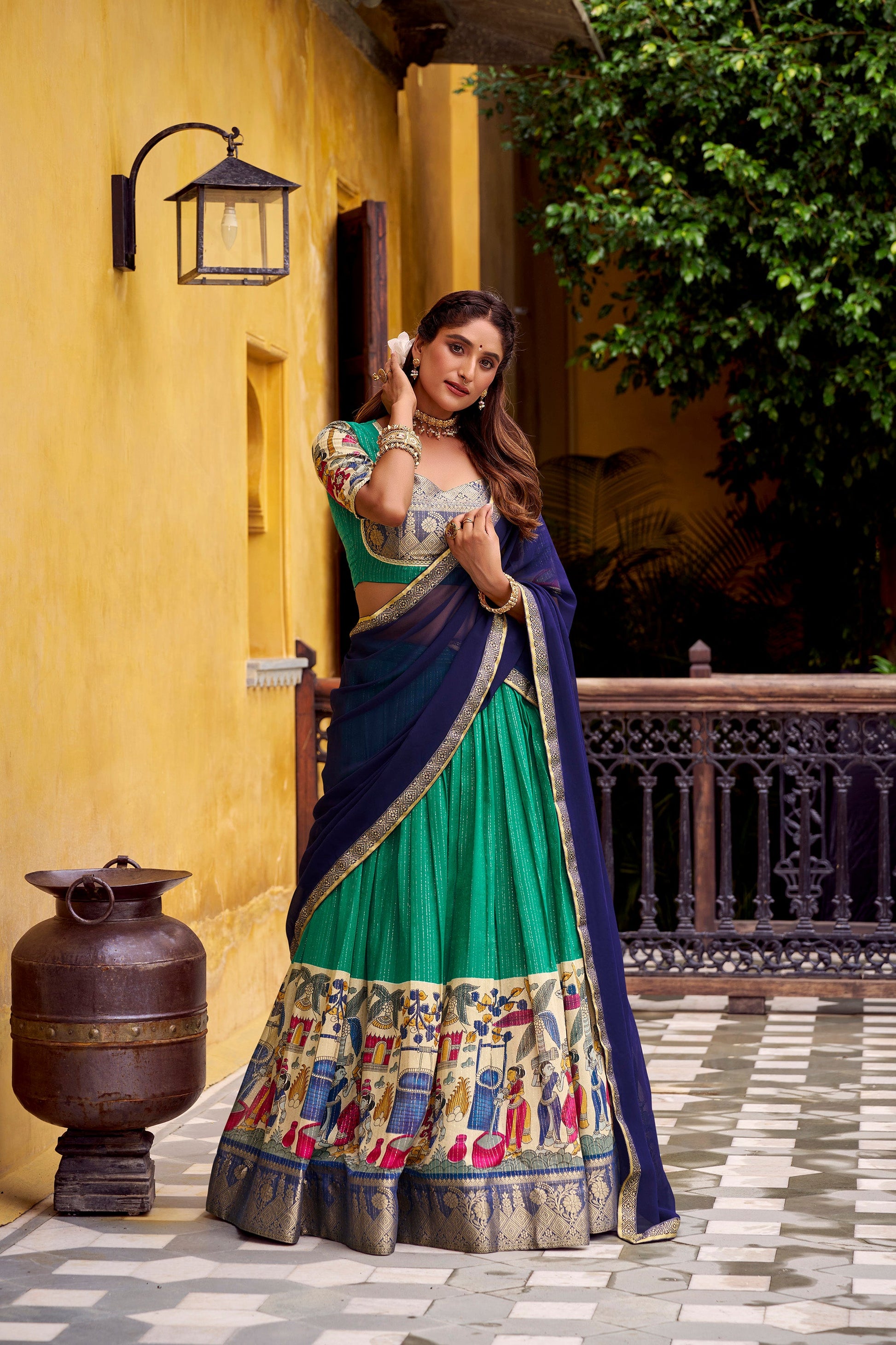 Lorenvalley Fashion Multicolor Poly Chanderi Zari Stripe Kalamkari Printed With Zari Weaving Work Lehenga Choli with Dupatta | Swadesiicart
