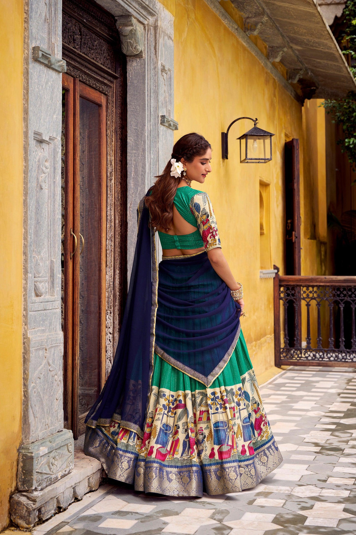 Lorenvalley Fashion Multicolor Poly Chanderi Zari Stripe Kalamkari Printed With Zari Weaving Work Lehenga Choli with Dupatta | Swadesiicart