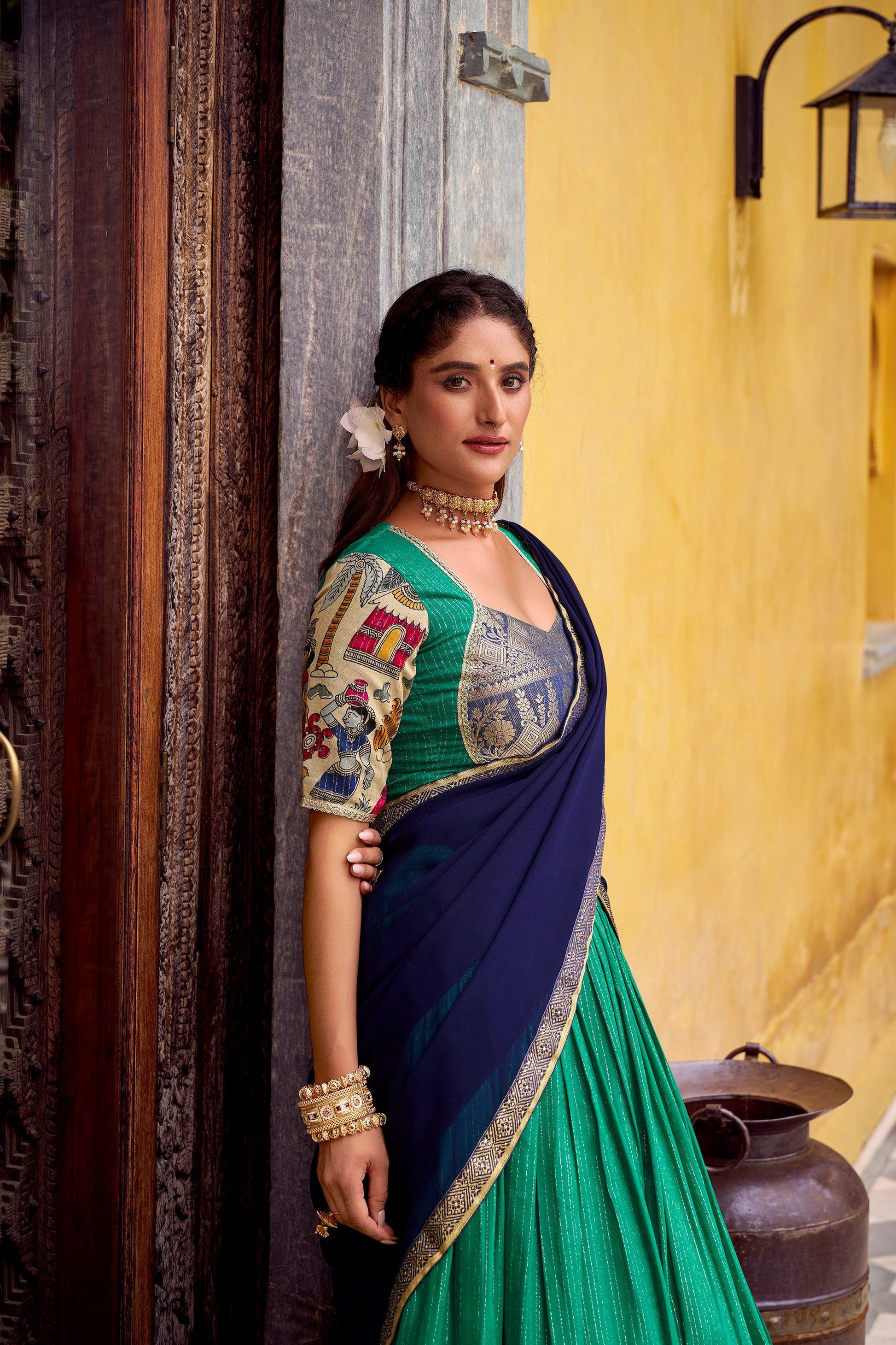 Lorenvalley Fashion Multicolor Poly Chanderi Zari Stripe Kalamkari Printed With Zari Weaving Work Lehenga Choli with Dupatta | Swadesiicart