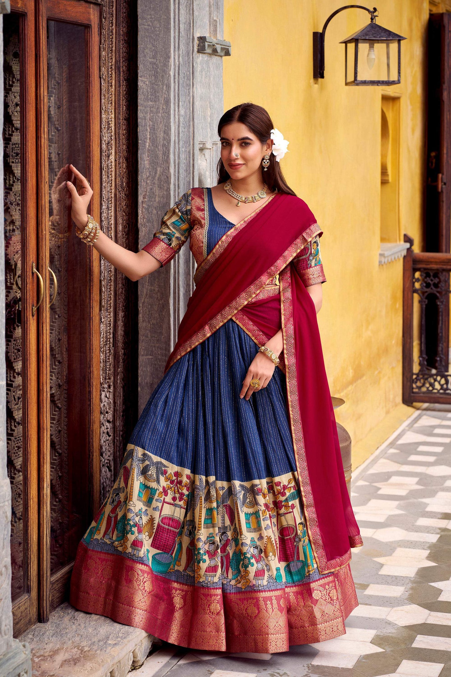 Lorenvalley Fashion Multicolor Poly Chanderi Zari Stripe Kalamkari Printed With Zari Weaving Work Lehenga Choli with Dupatta | Swadesiicart