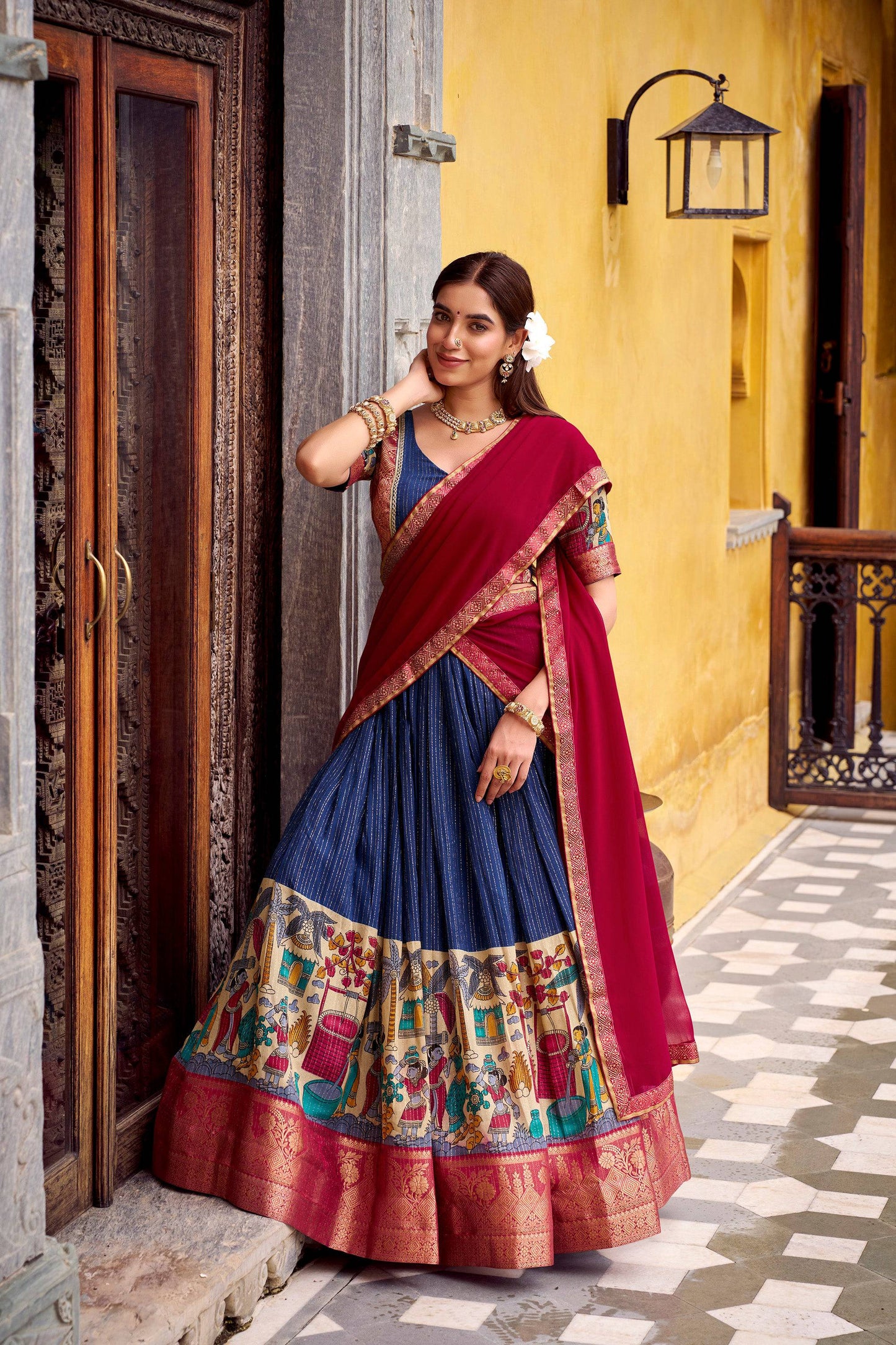 Lorenvalley Fashion Multicolor Poly Chanderi Zari Stripe Kalamkari Printed With Zari Weaving Work Lehenga Choli with Dupatta | Swadesiicart