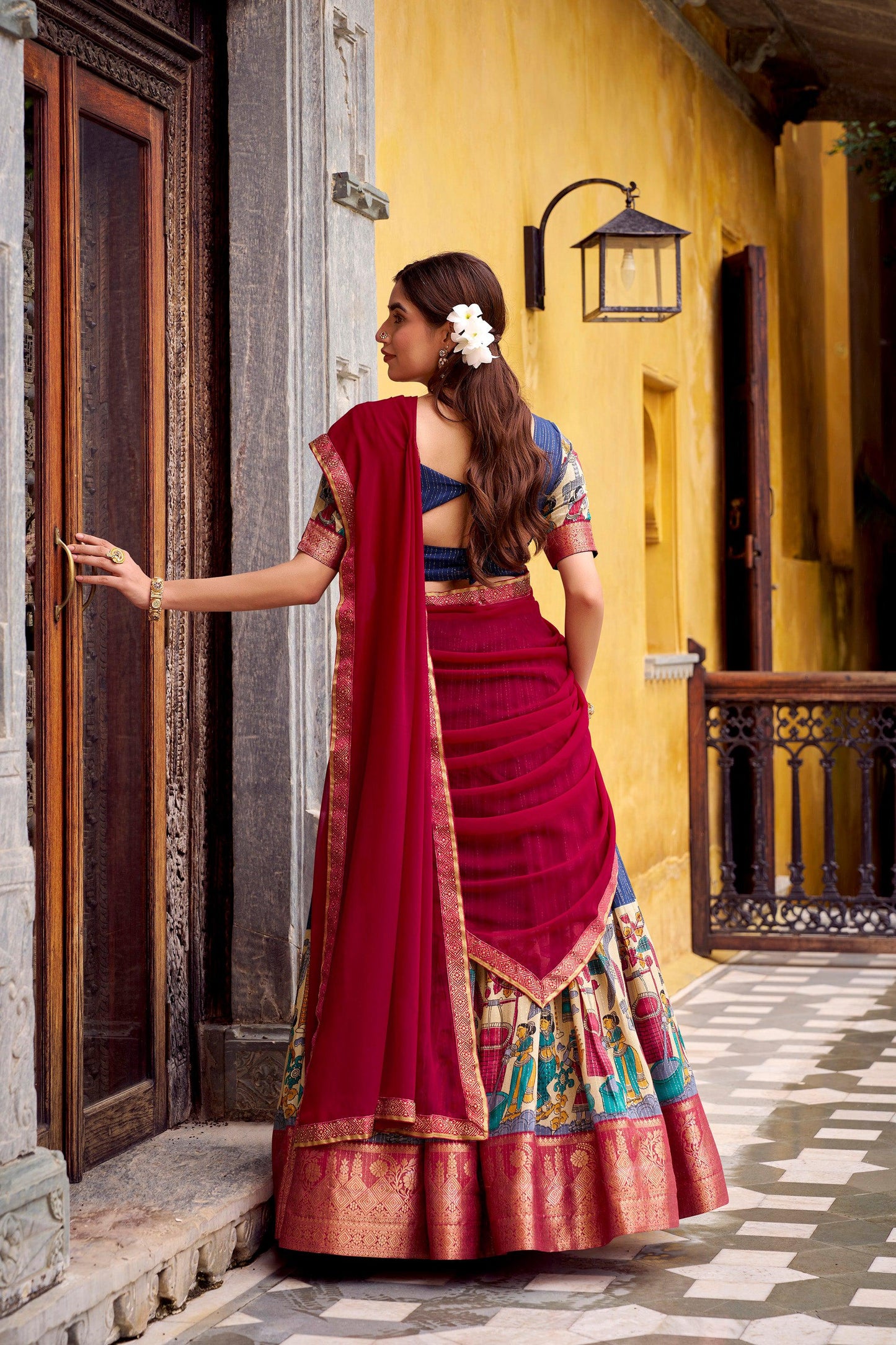Lorenvalley Fashion Multicolor Poly Chanderi Zari Stripe Kalamkari Printed With Zari Weaving Work Lehenga Choli with Dupatta | Swadesiicart