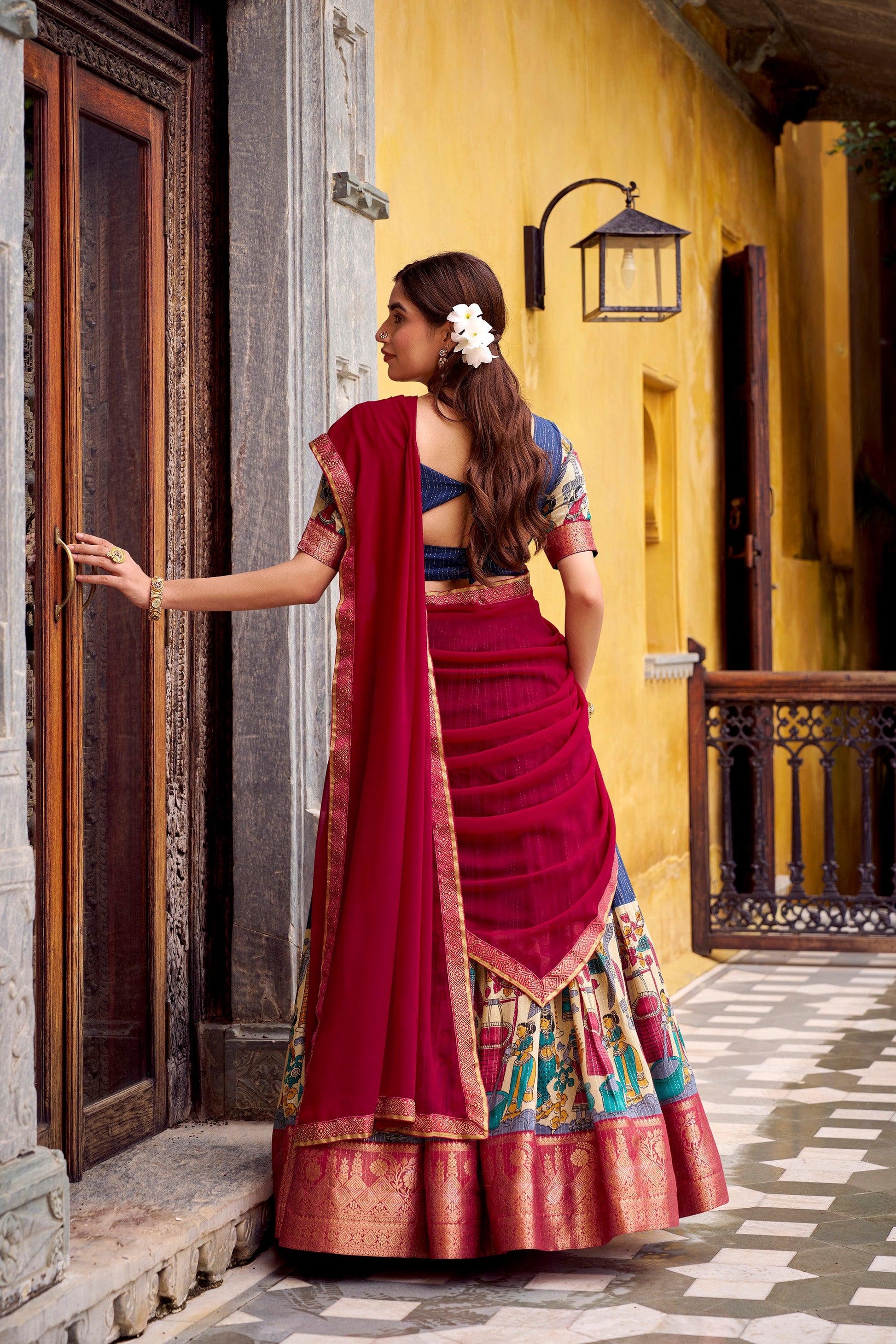 Lorenvalley Fashion Multicolor Poly Chanderi Zari Stripe Kalamkari Printed With Zari Weaving Work Lehenga Choli with Dupatta | Swadesiicart