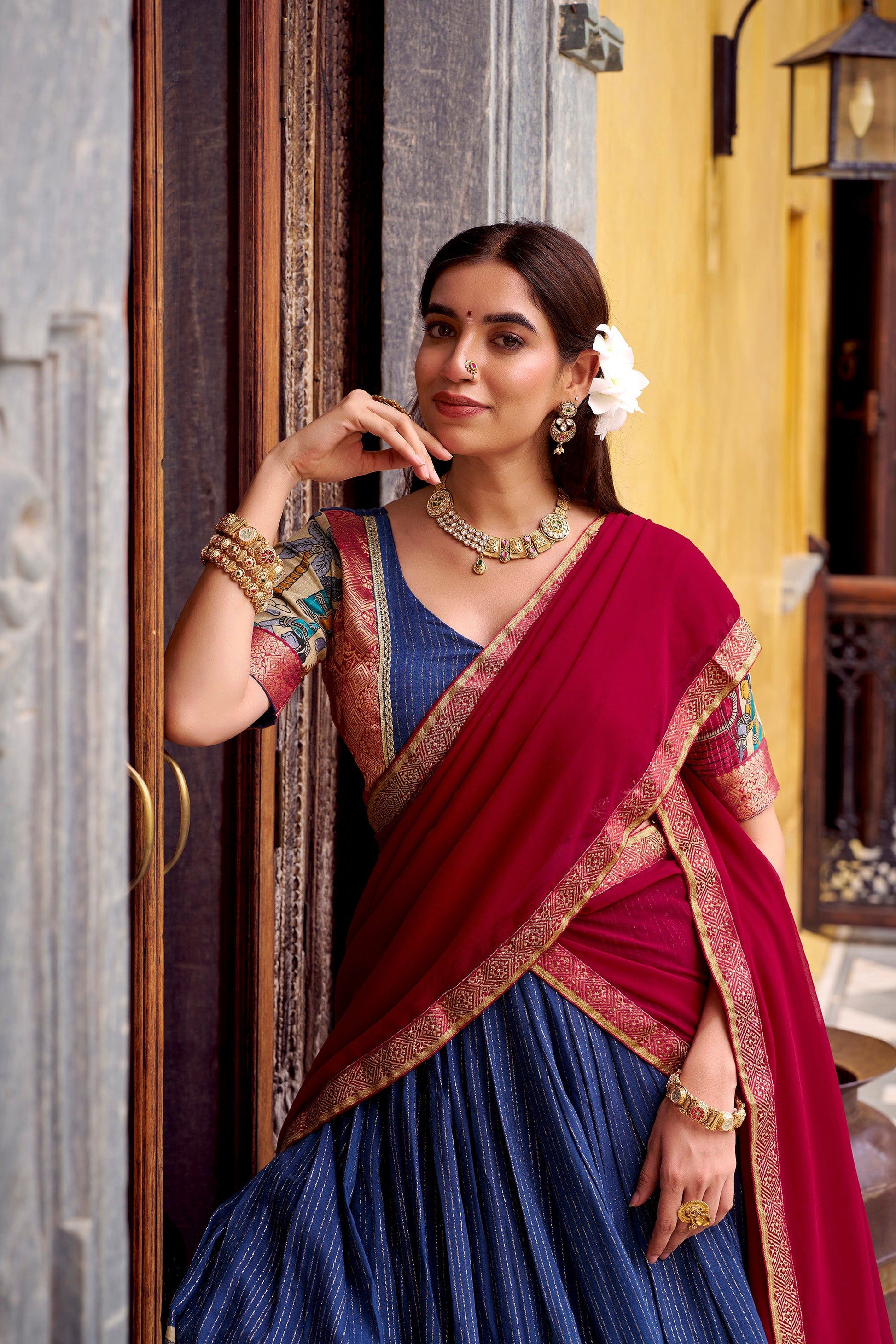 Lorenvalley Fashion Multicolor Poly Chanderi Zari Stripe Kalamkari Printed With Zari Weaving Work Lehenga Choli with Dupatta | Swadesiicart