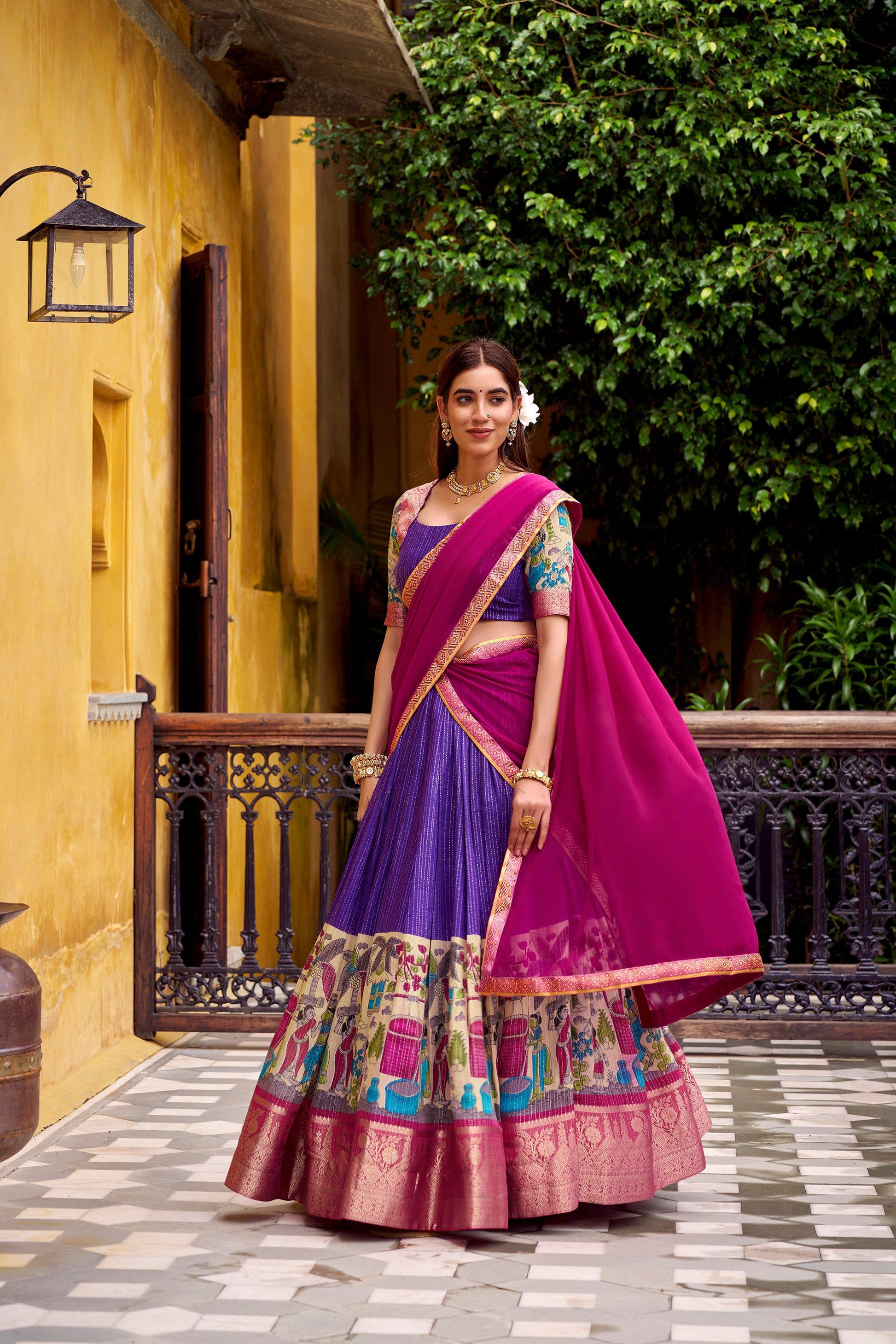 Lorenvalley Fashion Multicolor Poly Chanderi Zari Stripe Kalamkari Printed With Zari Weaving Work Lehenga Choli with Dupatta | Swadesiicart