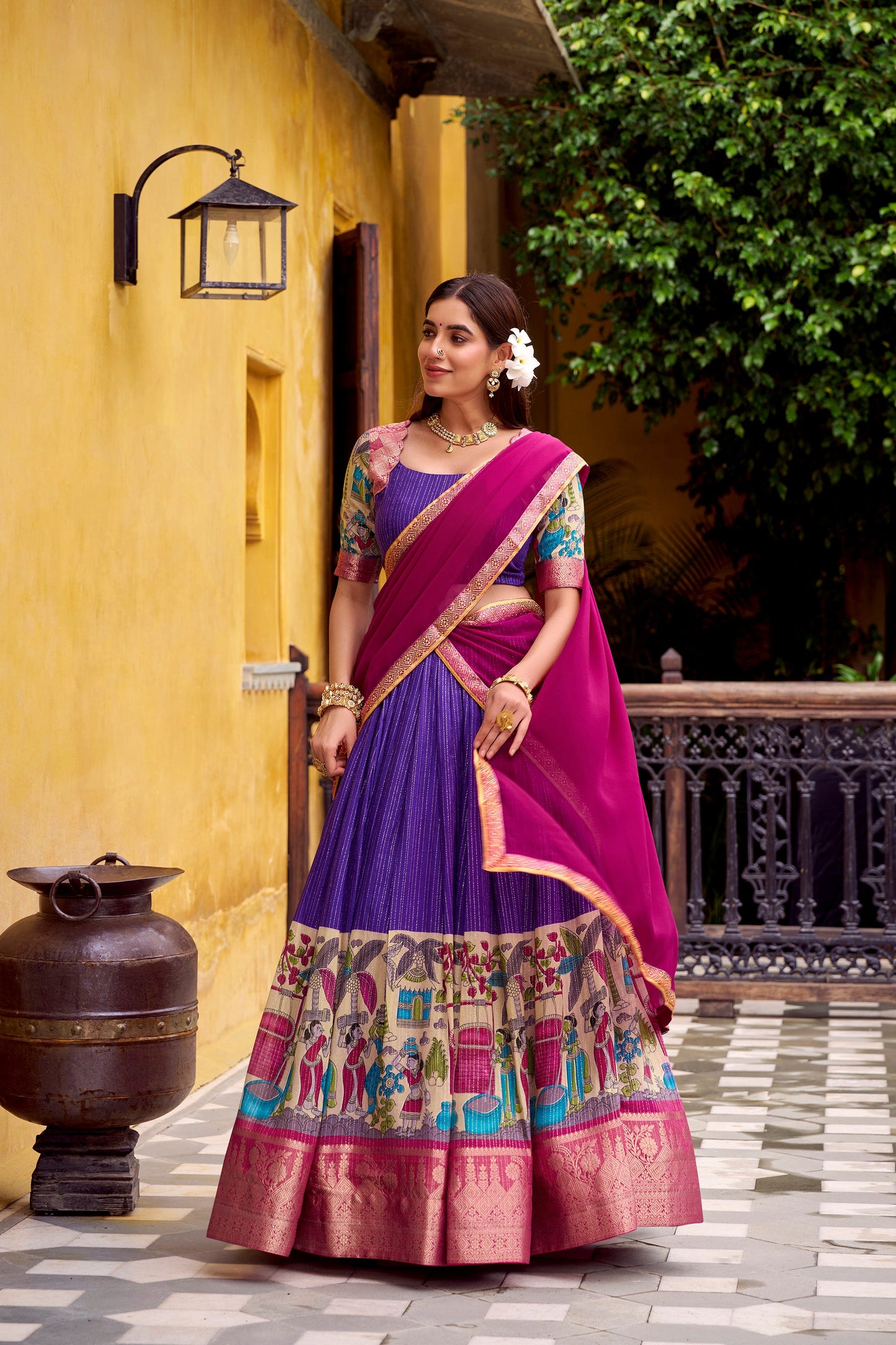 Lorenvalley Fashion Multicolor Poly Chanderi Zari Stripe Kalamkari Printed With Zari Weaving Work Lehenga Choli with Dupatta | Swadesiicart
