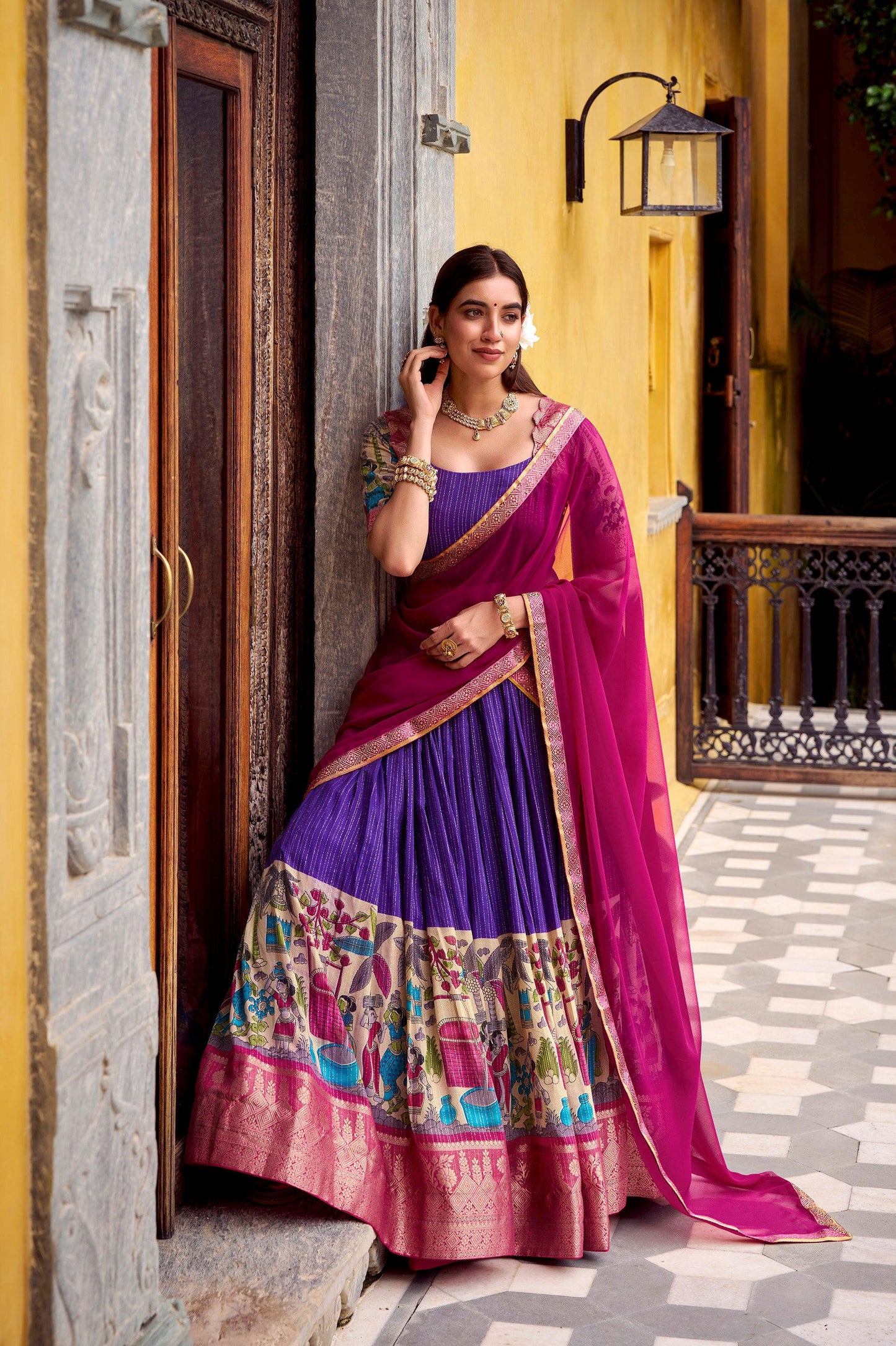 Lorenvalley Fashion Multicolor Poly Chanderi Zari Stripe Kalamkari Printed With Zari Weaving Work Lehenga Choli with Dupatta | Swadesiicart