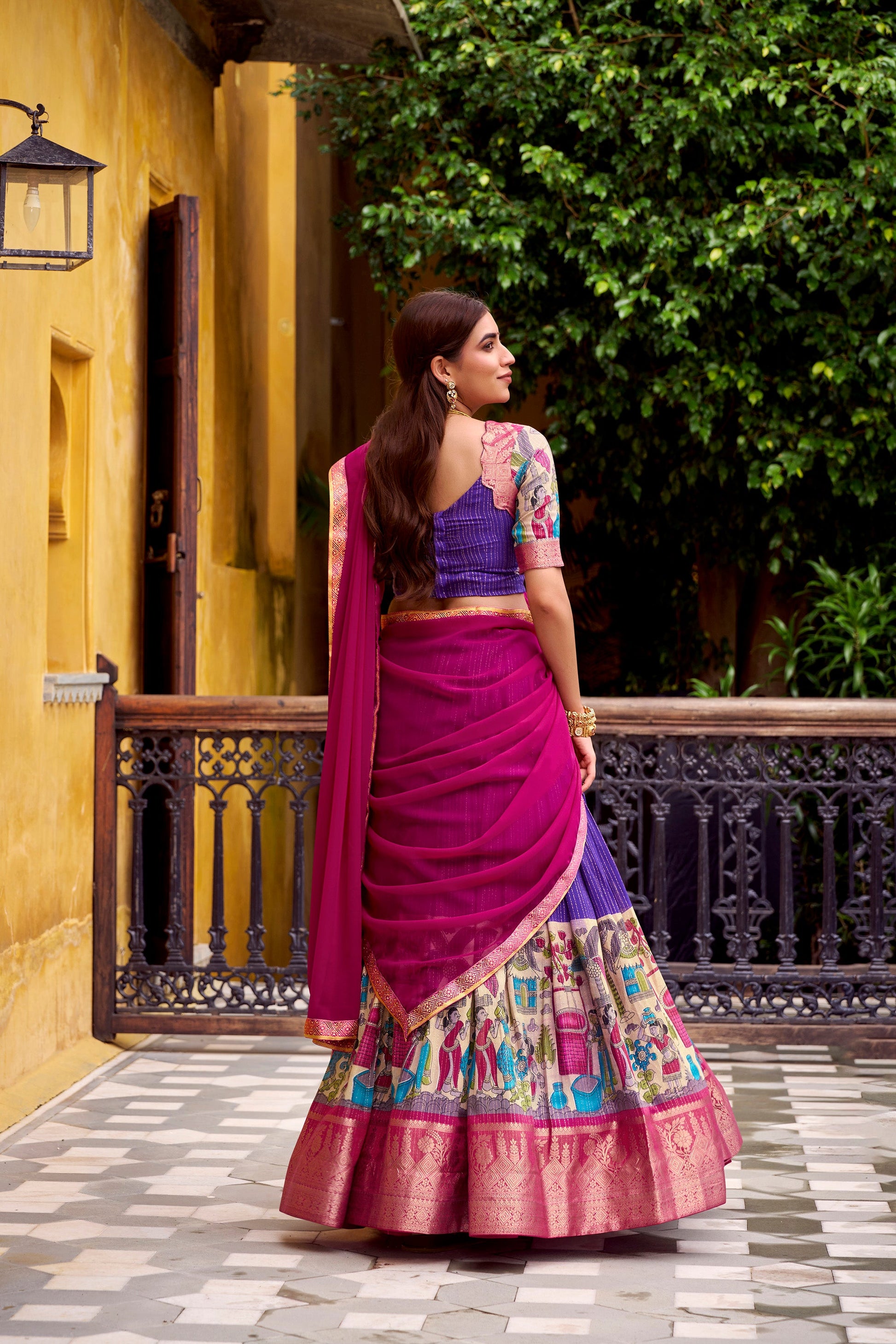 Lorenvalley Fashion Multicolor Poly Chanderi Zari Stripe Kalamkari Printed With Zari Weaving Work Lehenga Choli with Dupatta | Swadesiicart