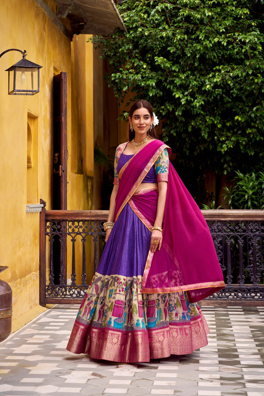 Lorenvalley Fashion Multicolor Poly Chanderi Zari Stripe Kalamkari Printed With Zari Weaving Work Lehenga Choli with Dupatta | Swadesiicart